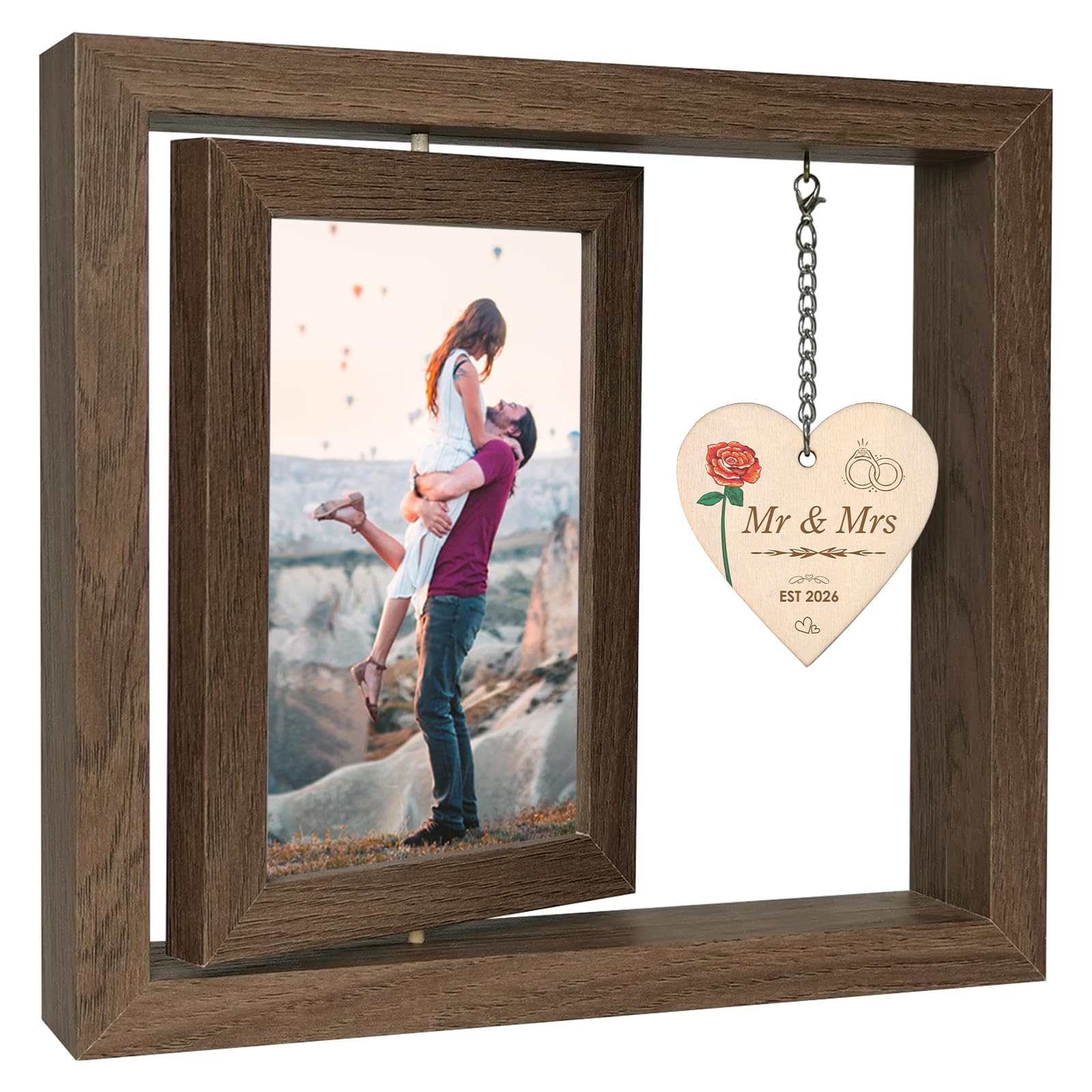 EYITUPC Rotating Floating Mr & Mrs EST 2026 Picture Frame, Wedding Bridal Shower Gifts for Bride Newlywed Couples, Display 2 4x6