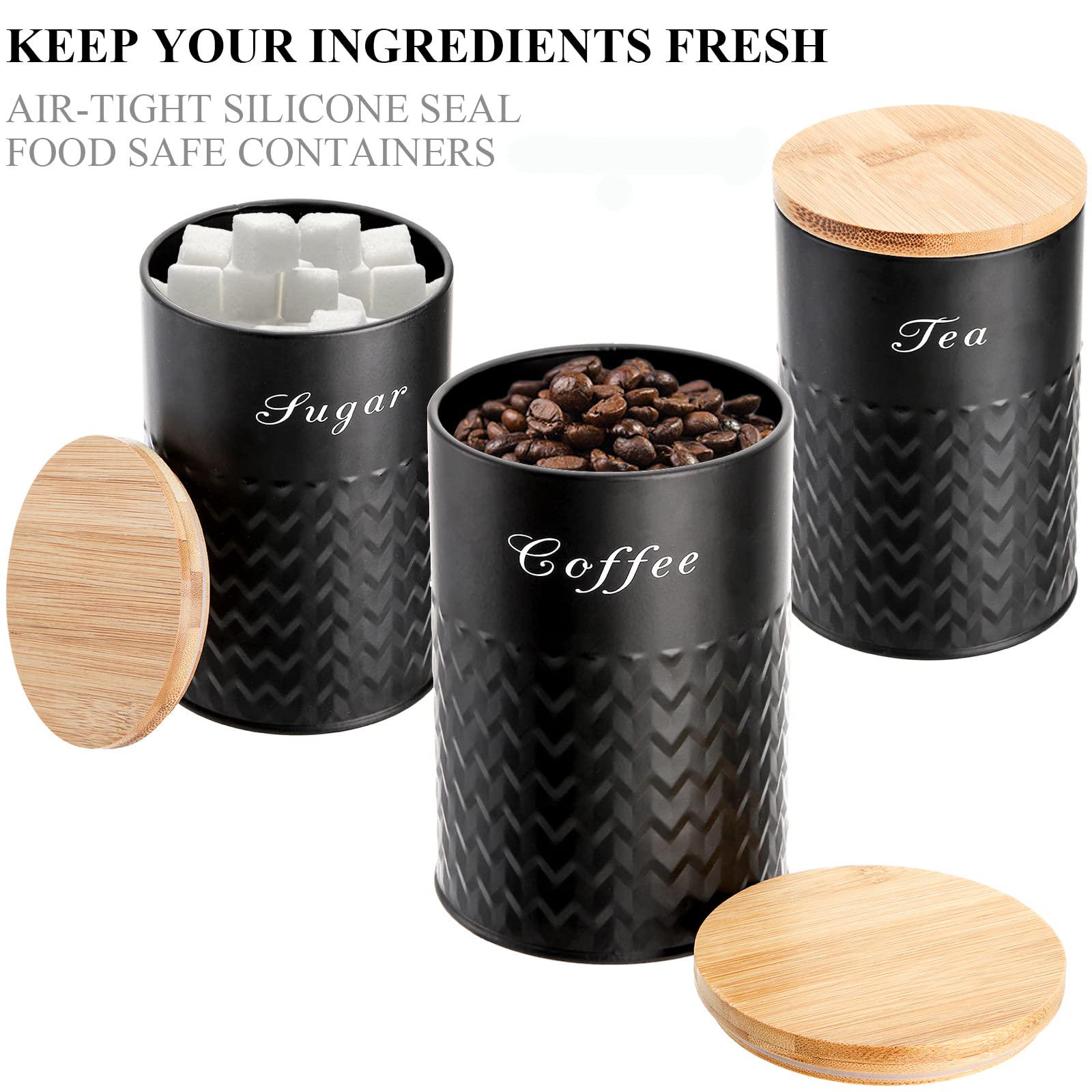 Bekith 3 Pack Kitchen Canisters With Bamboo Lids, Airtight Metal Canister Set, Food Storage Containers Jars For Coffee, Sugar, T
