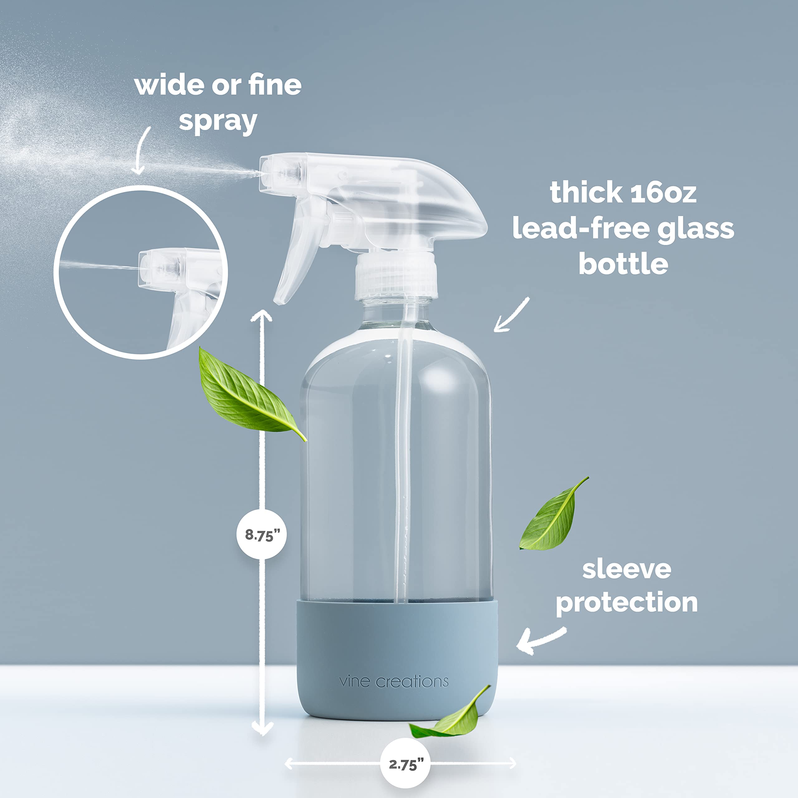 Vine Creations Glass Spray Bottles For Cleaning Solutions, Clear Glass Spray Bottle With Silicone Sleeve, 16 Oz Empty Spray Bott