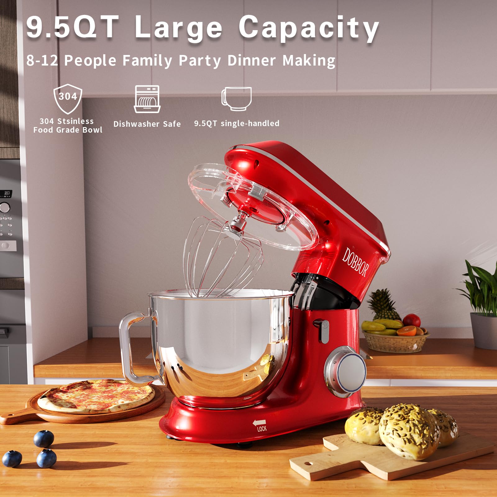 Dobbor Electric Stand Mixer, 9.5Qt 660W 7 Speeds Tilt-Head Dough Mixers, Bread Mixer With Dough Hook, Whisk, Beater, Splash Guar