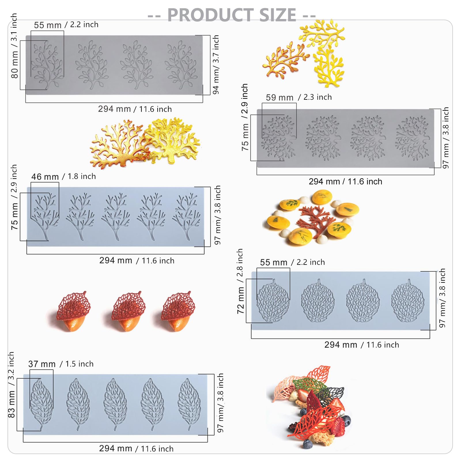 7Pcs Leaf Molds Silicone Fondant Molds With Dough Scraper Silicone Spatula, 3D Coral Branch Leaf Chocolate Molds, Silicone Molds