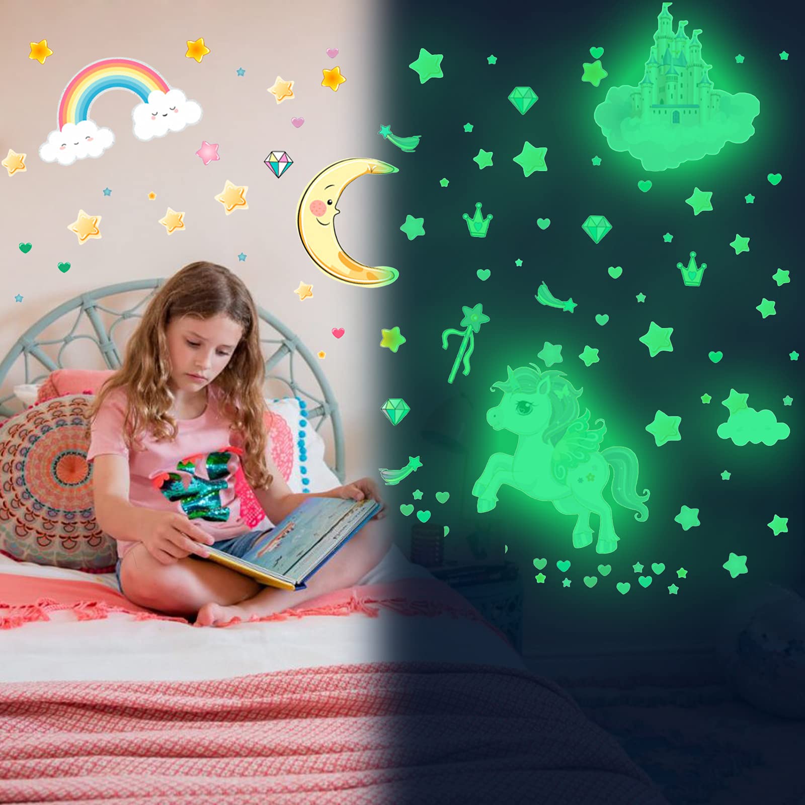 Glow in The Dark Stars and Unicorn Wall Decals  Glowing Castle Moon and Rainbow Stickers  174 pcs Luminous Ceiling Decor for Kids Bedroom  Great Wall Decor for Girls and Boys Gift