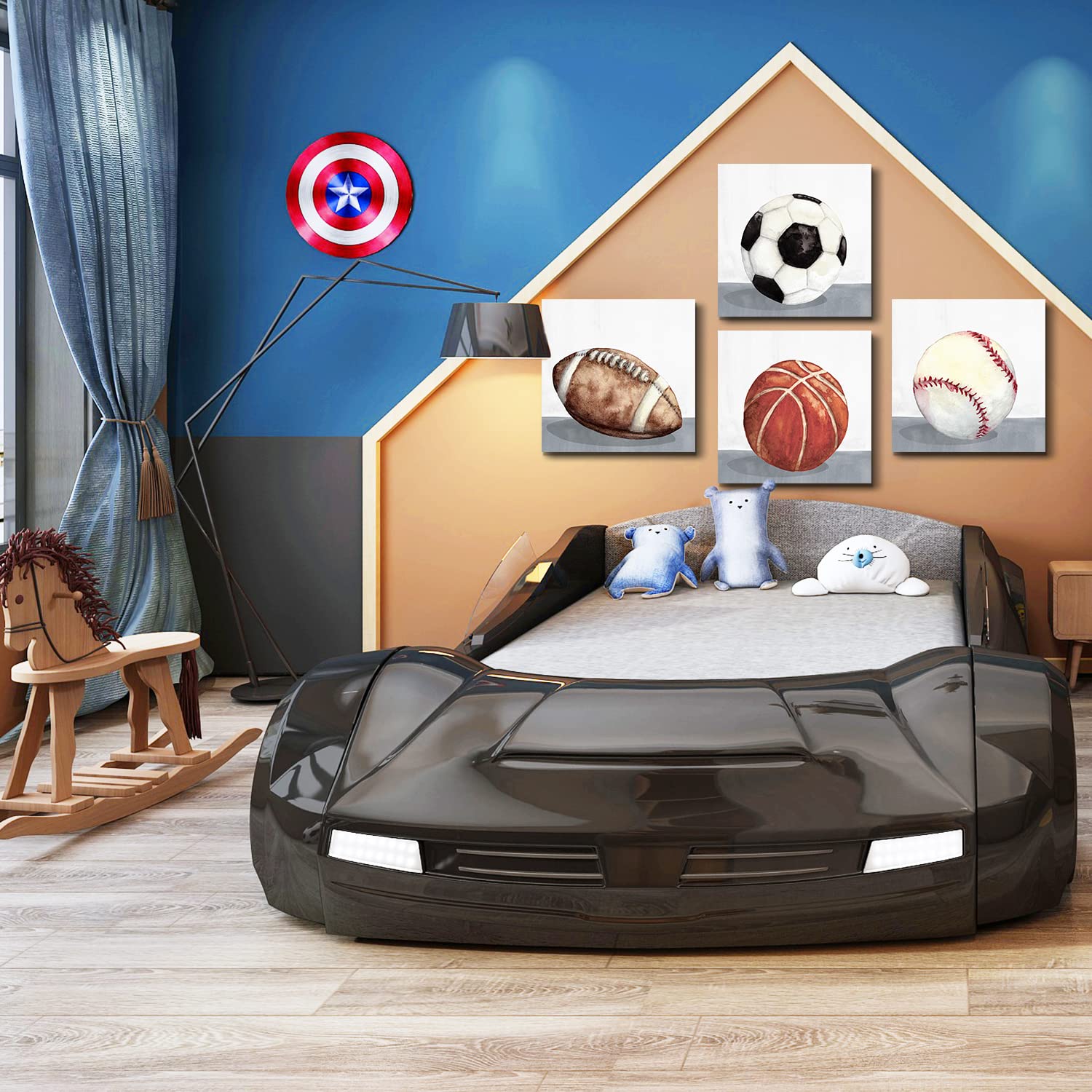 Sports Wall Art Boys Room Wall Decor Rustic Basketball Football Pictures Kids Bedroom Baseball Soccer Posters Balls Painting Can