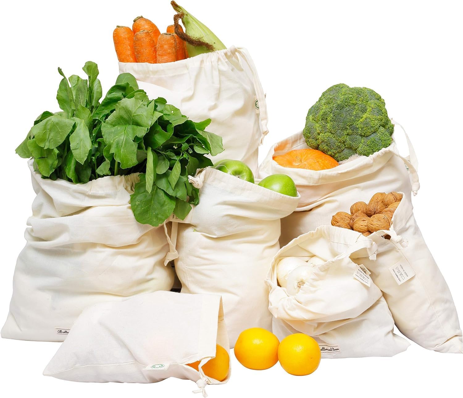 Cotton Storage Bags For Fridge  Set Of 6 Reusable Vegetable & Fruit Organizer Pouches  EcoFriendly, Washable Cotton Bags In 3