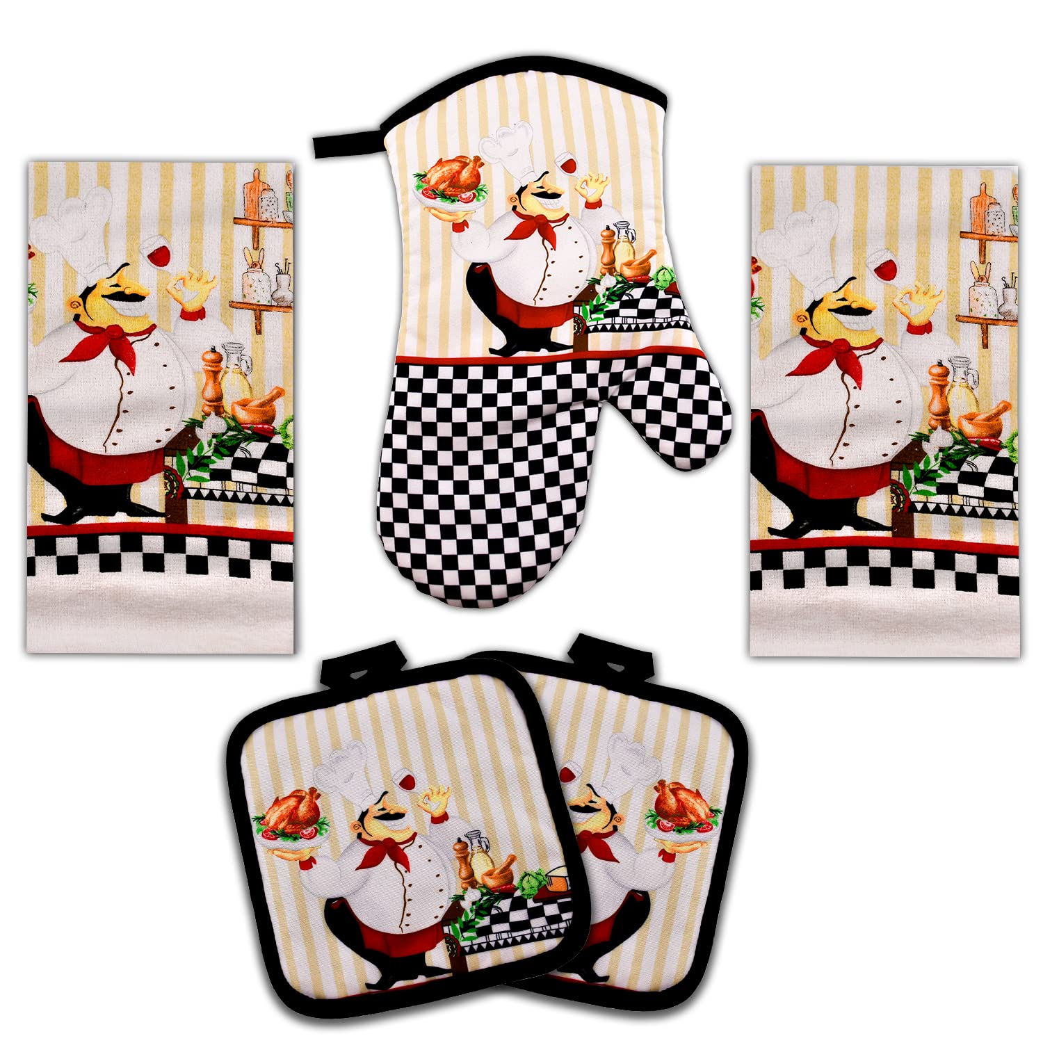 Lobyn Value Packs - Charming 5 Piece Kitchen Towel Set: Chubby Uniformed Chef Design, Includes 2 Decorative Dish Towels (25X15)