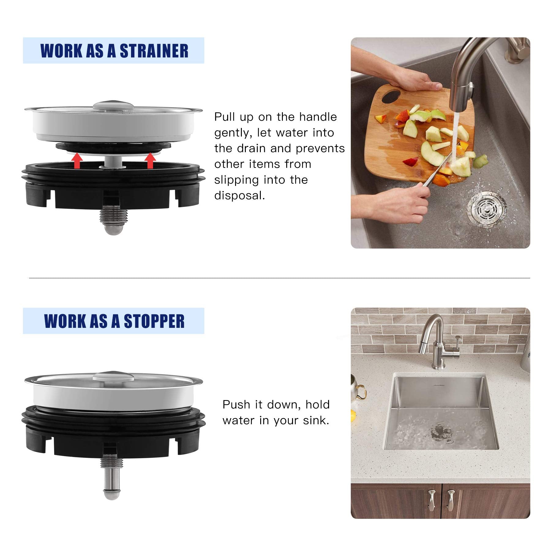 Cleesink Kitchen Sink Strainer And Stopper Combo For Standard 3-3/8 Inch Drain, 2 In 1 Use Stainless Steel Sink Basket Strainer