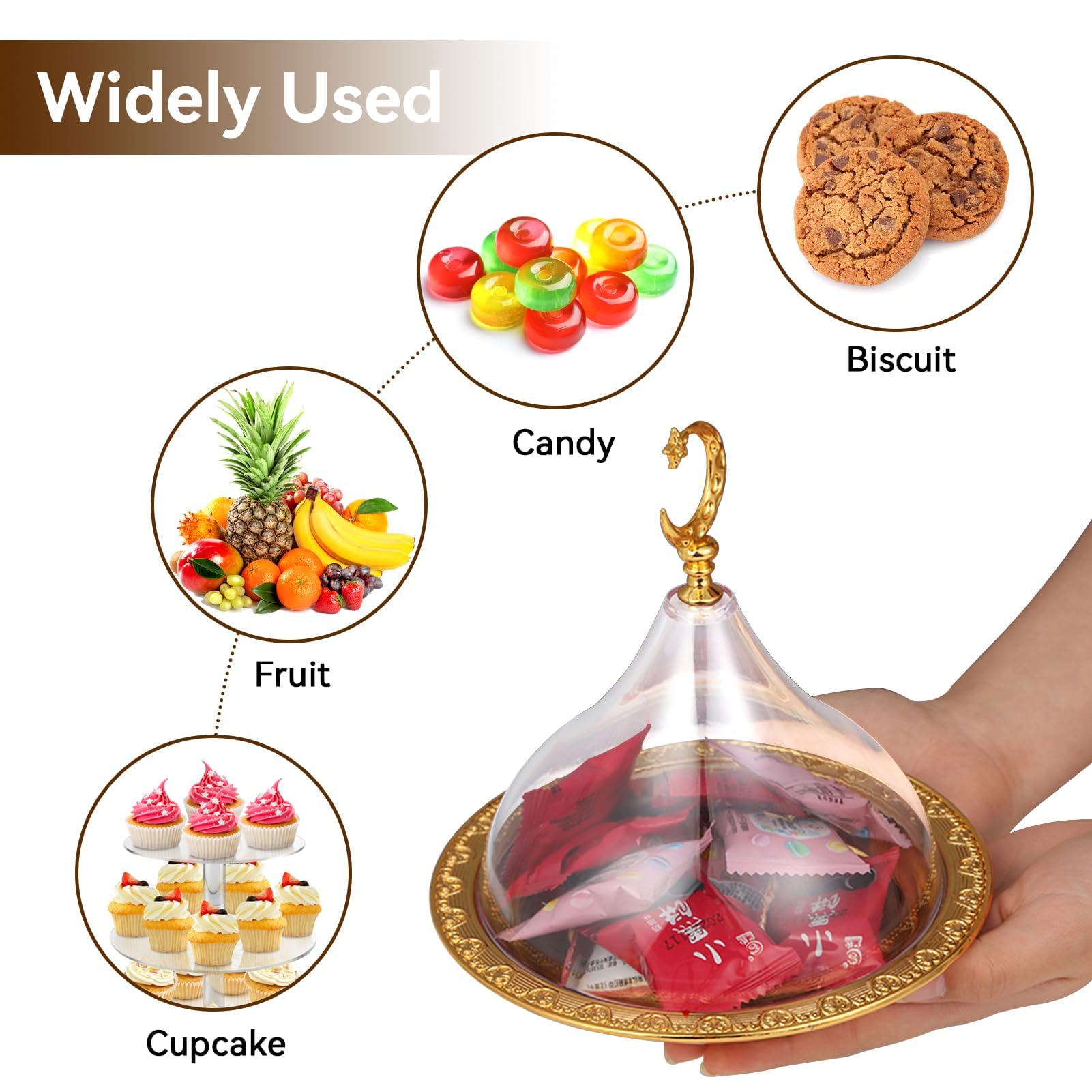 Snack Serving Tray, Metal Ramadan Tray With Clear Dome Lid Mini Cake Candy Tray Reusable Dessert Tray Round Food Storage Organiz