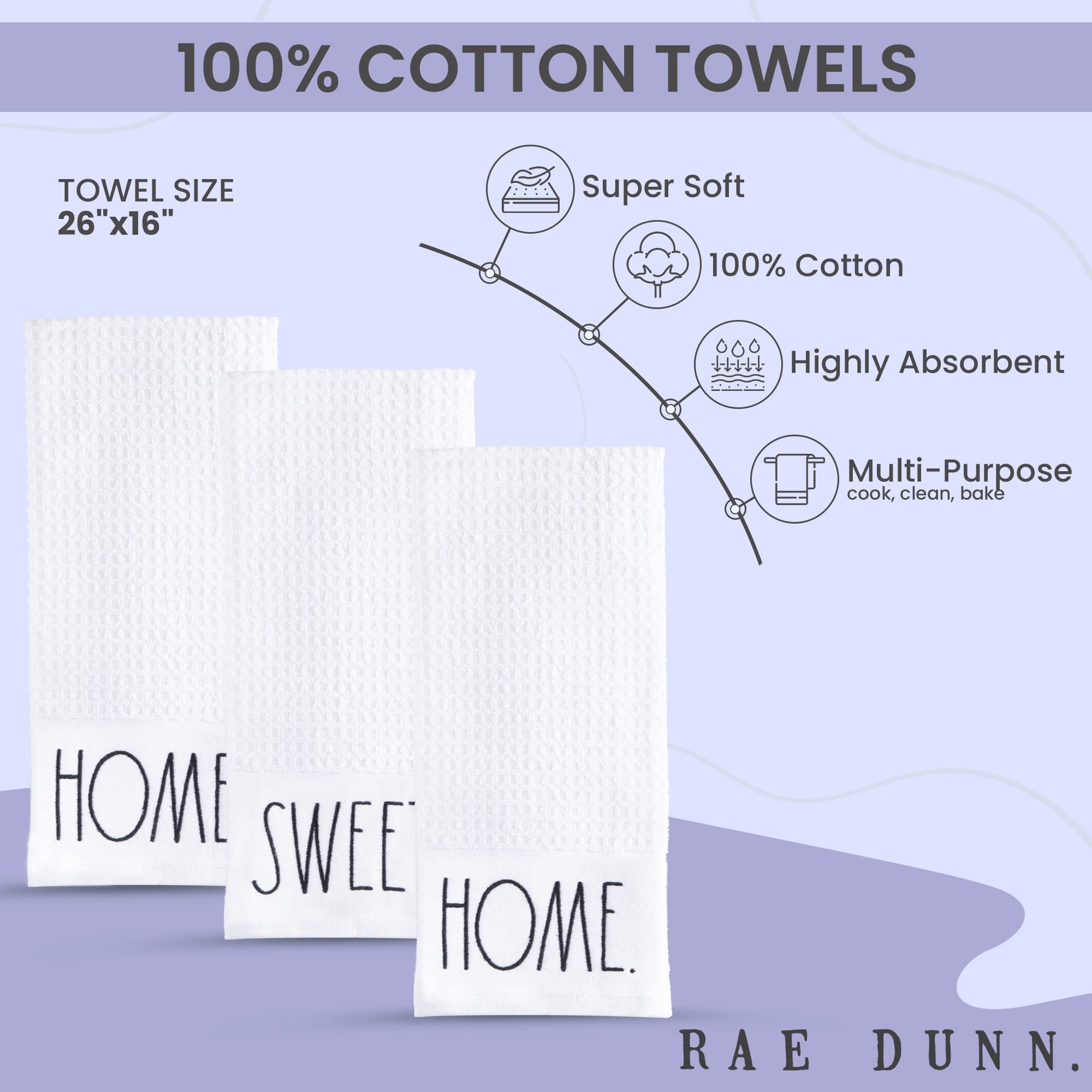 Rae Dunn Set Of 3 Hand Towels For Kitchen And Bathroom, 100% Cotton, Embroidered White Dish Towels Embroidered Home, Sweet, Home