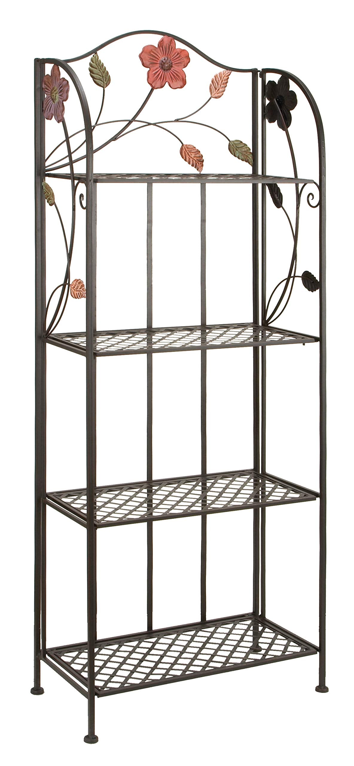 Deco 79 Metal Floral Indoor Outdoor Tall Folding 4 Shelf Bakers Rack, 25'' X 12'' X 68'', Black