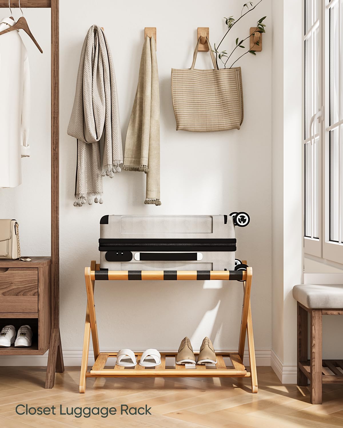 Smart Fendee Set Of 2 Fully Assembled Bamboo Luggage Rack, 5 Nylon Straps Folding Suitcase Stand With Storage Shelf, Luggae Stan