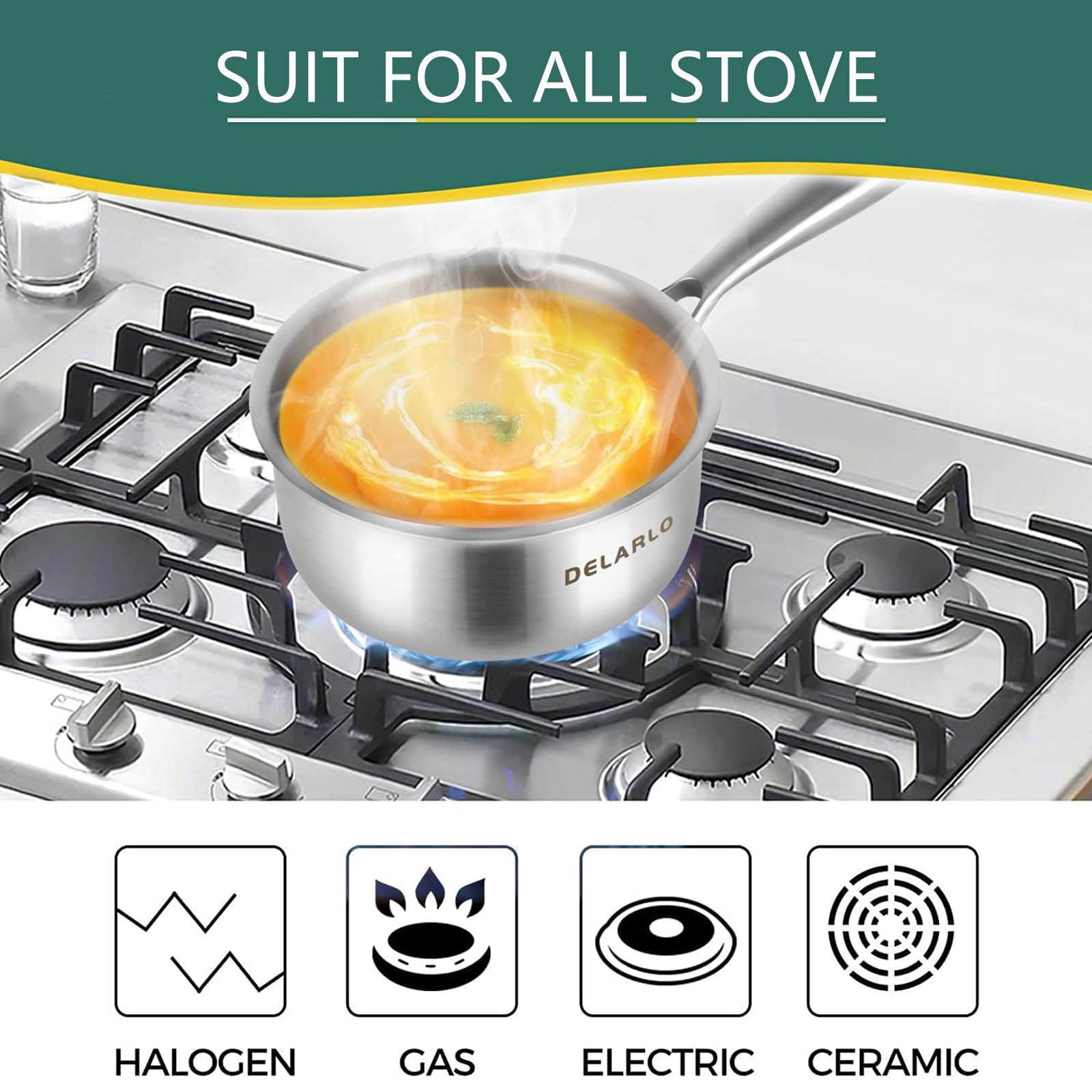 Delarlo Whole Body Tri-Ply Stainless Steel Induction Cooking Small Saucepan With Lid,Heavy Bottom Milk Pan,Dishwasher Safe & Ove