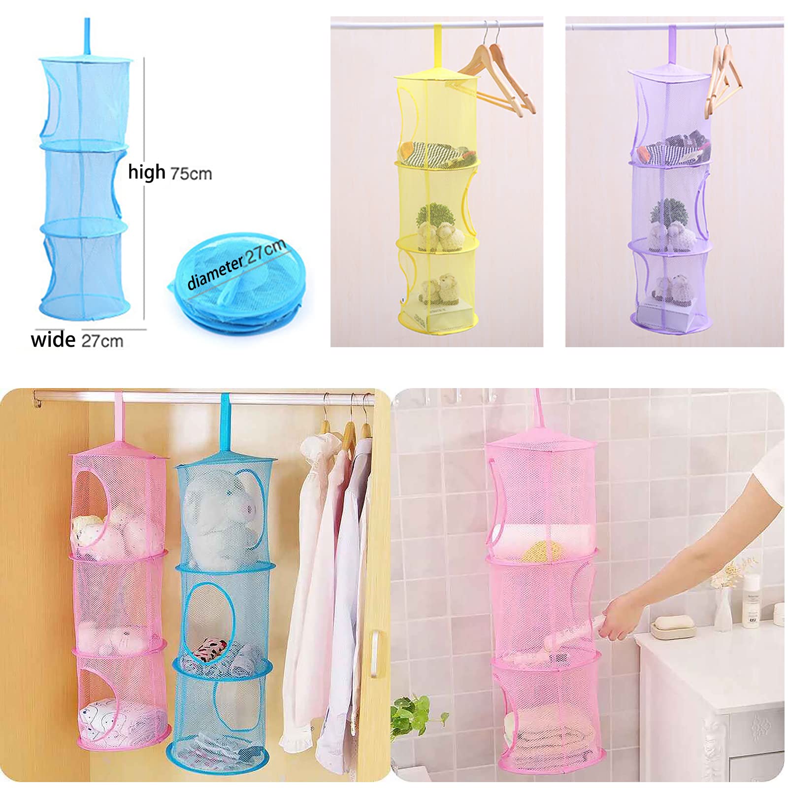 Mesh Hanging Storage Basket With 3 Compartments Foldable Hanging Storage Organizer Net Bag For Toys Storage, Space Saver Sundrie