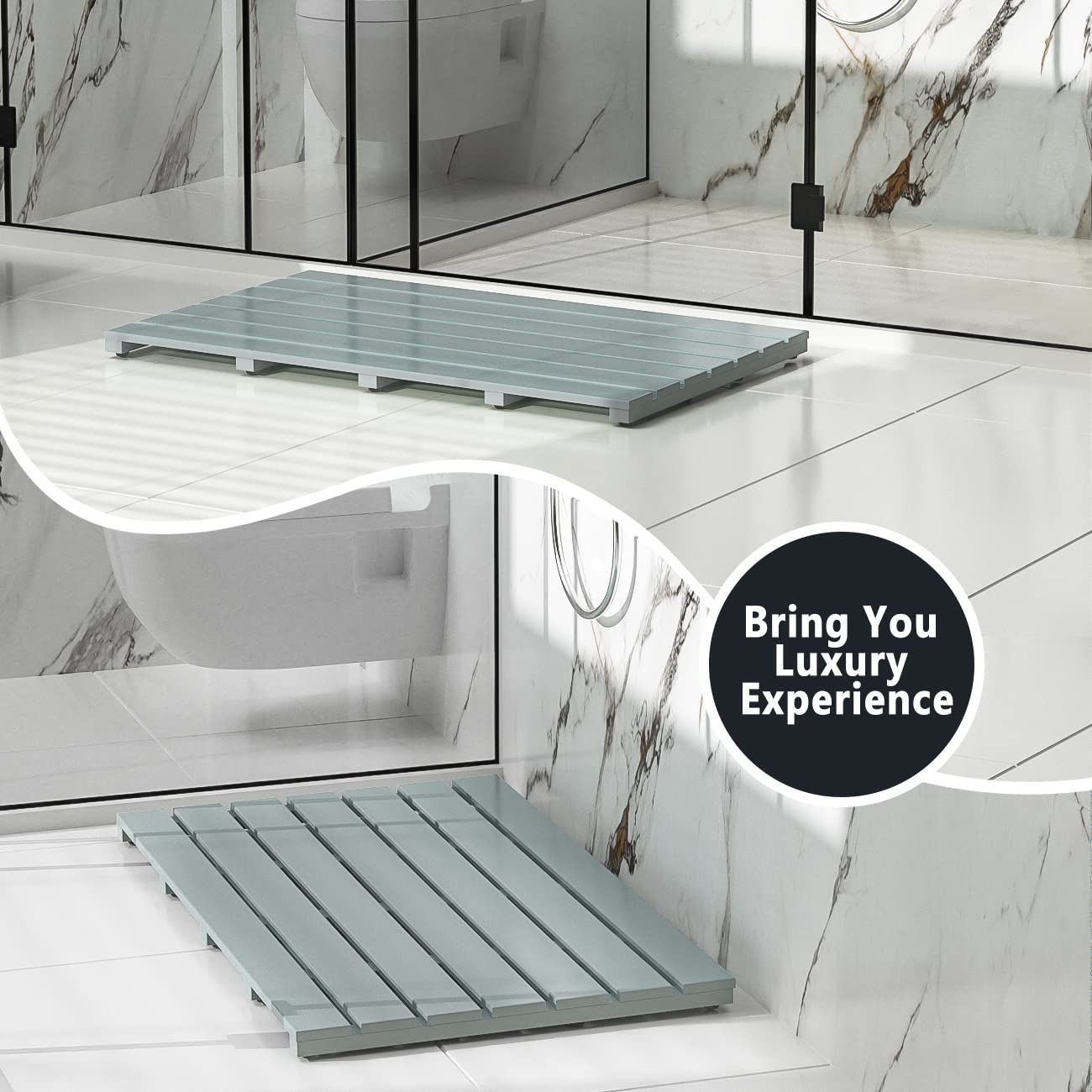 Bamboo Wooden Bath Floor Mat for Luxury Shower - Non-Slip Bathroom Waterproof Carpet for Indoor or Outdoor Use (Bluish Grey 31.3 x 18.1 x 1.5 Inches)