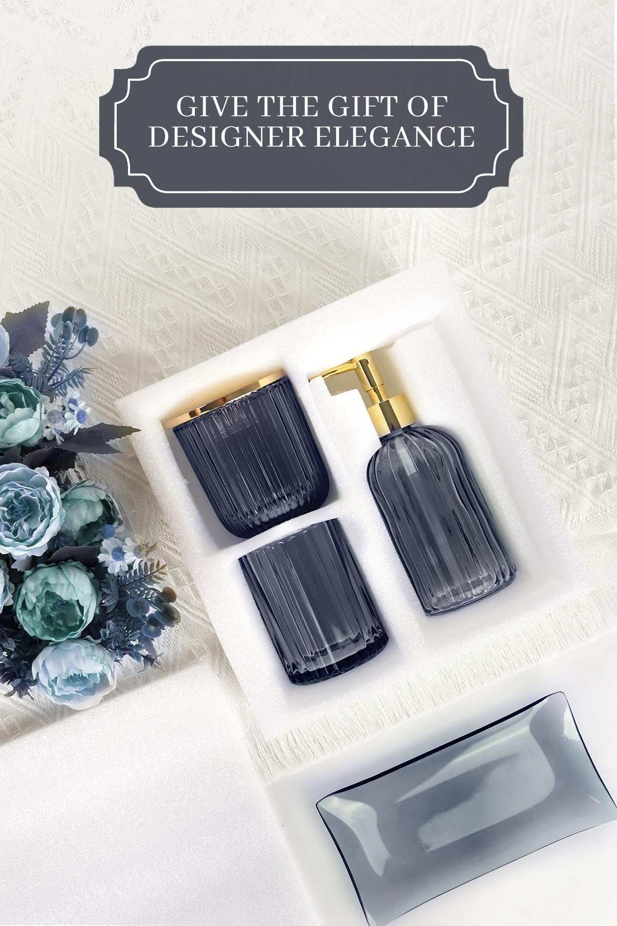 Designer Blue Glass Bathroom Accessories Sets - 4 Pcs With Lotion Soap Dispenser, Bathroom Toothbrush Holder, Vanity Tray, And A