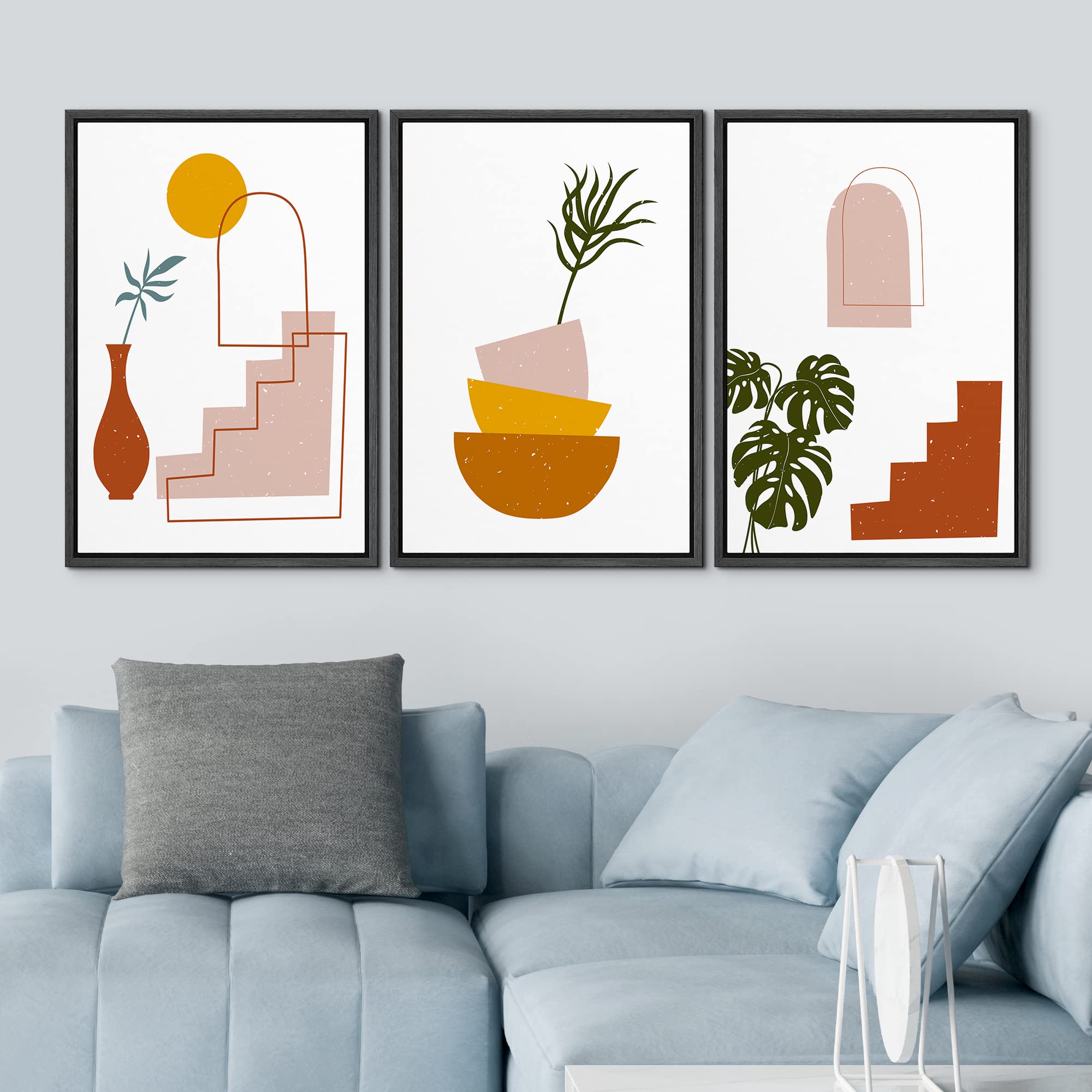 Idea4Wall Framed Wall Art Print Set Monstera Leaves With Plants & Stairways Geometric Flower Illustrations Modern Art Rustic Col