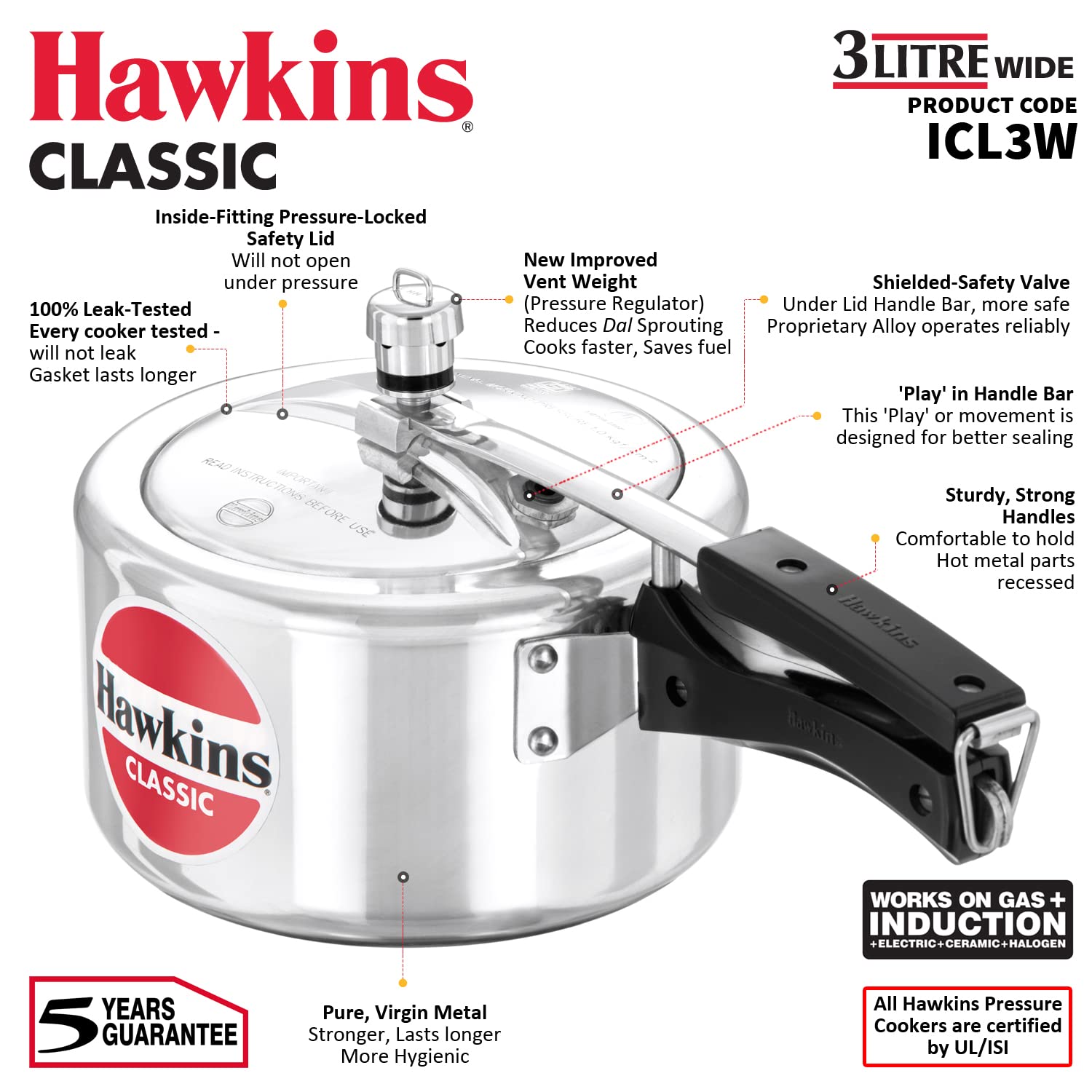 Hawkins Classic 3 Litre Inner Lid Aluminium Pressure Cooker, Induction Cooker, Wide Design Pan Cooker, Best Cooker, Silver (ICL3