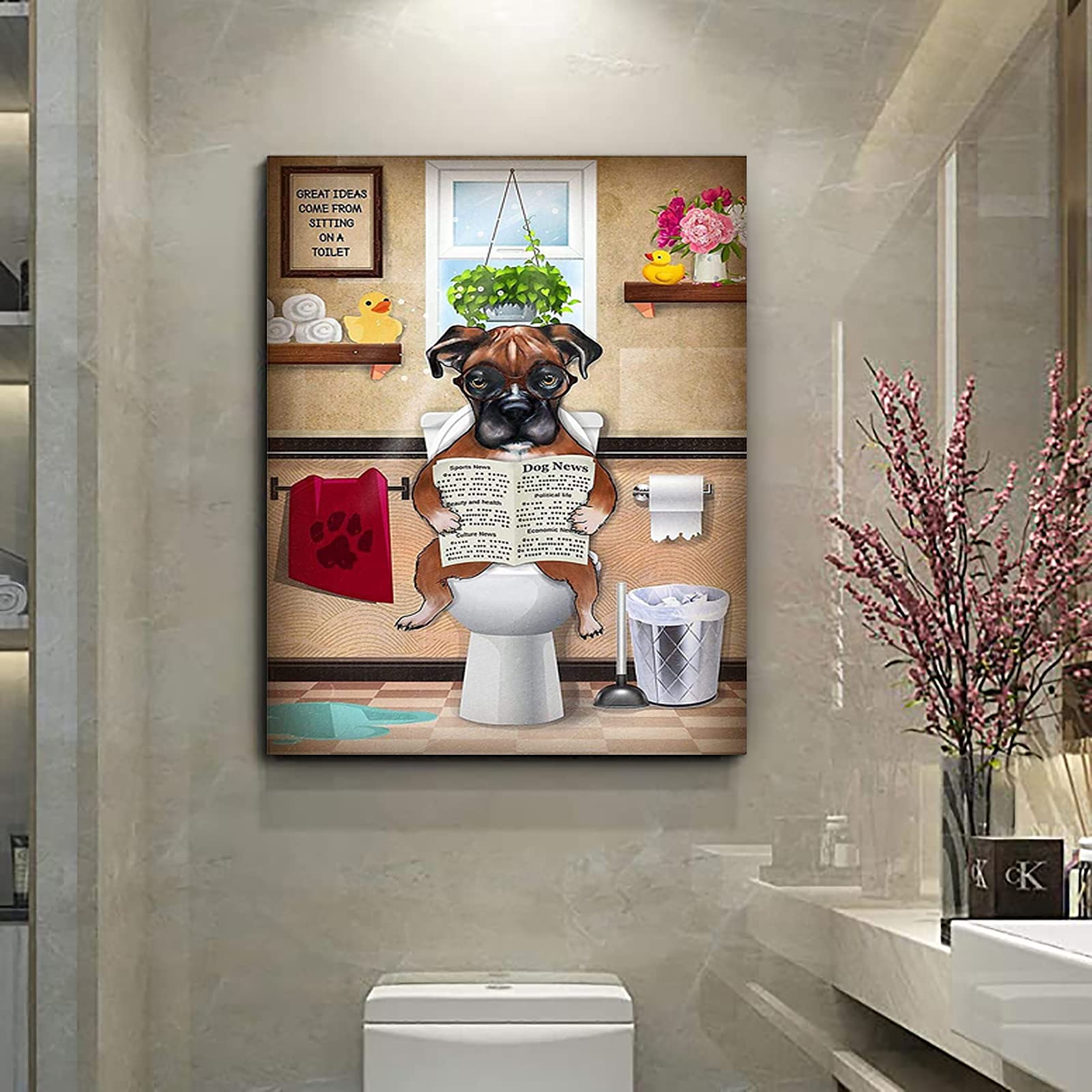 Yuwondess Boxer Dog Canvas Wall Art Lover Gift Cute Pet Vertical Poster Modern Home Decor Funny Flower Paw Reading News Painting