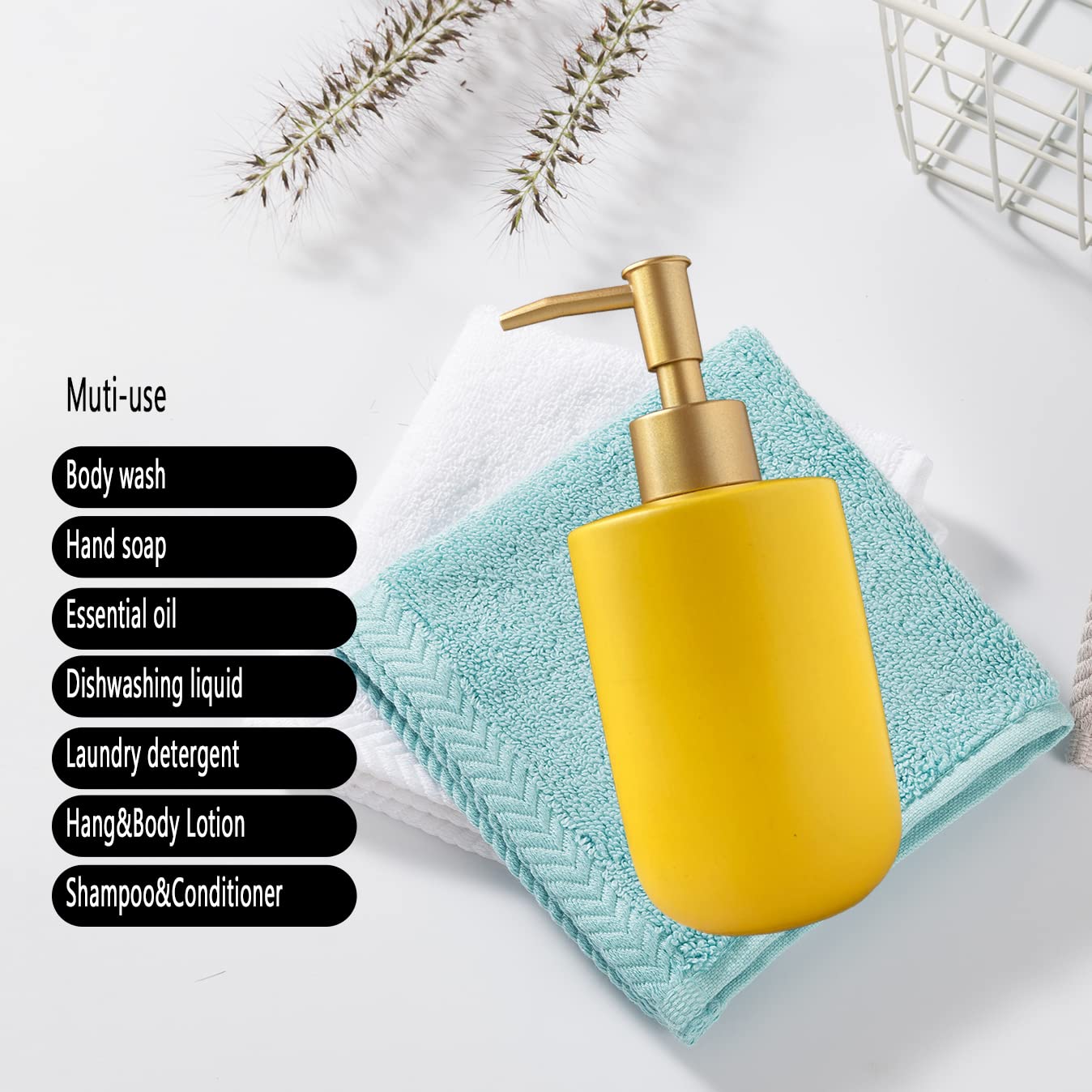 Liquid Soap Dispenser For Bathroom With Gold Pump,Dish Soap Dispenser For Kitchen,Refillable Countertop Lotion Ceramics Yellow H