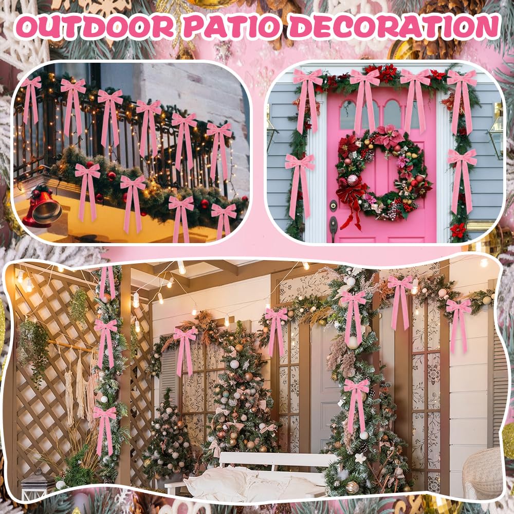 JOICEE 15Pcs Pink Velvet Bows, 5in x 12in Christmas Tree Wreath Bows Rustic Crafts Gift Ribbon Bows for Christmas Decorations In