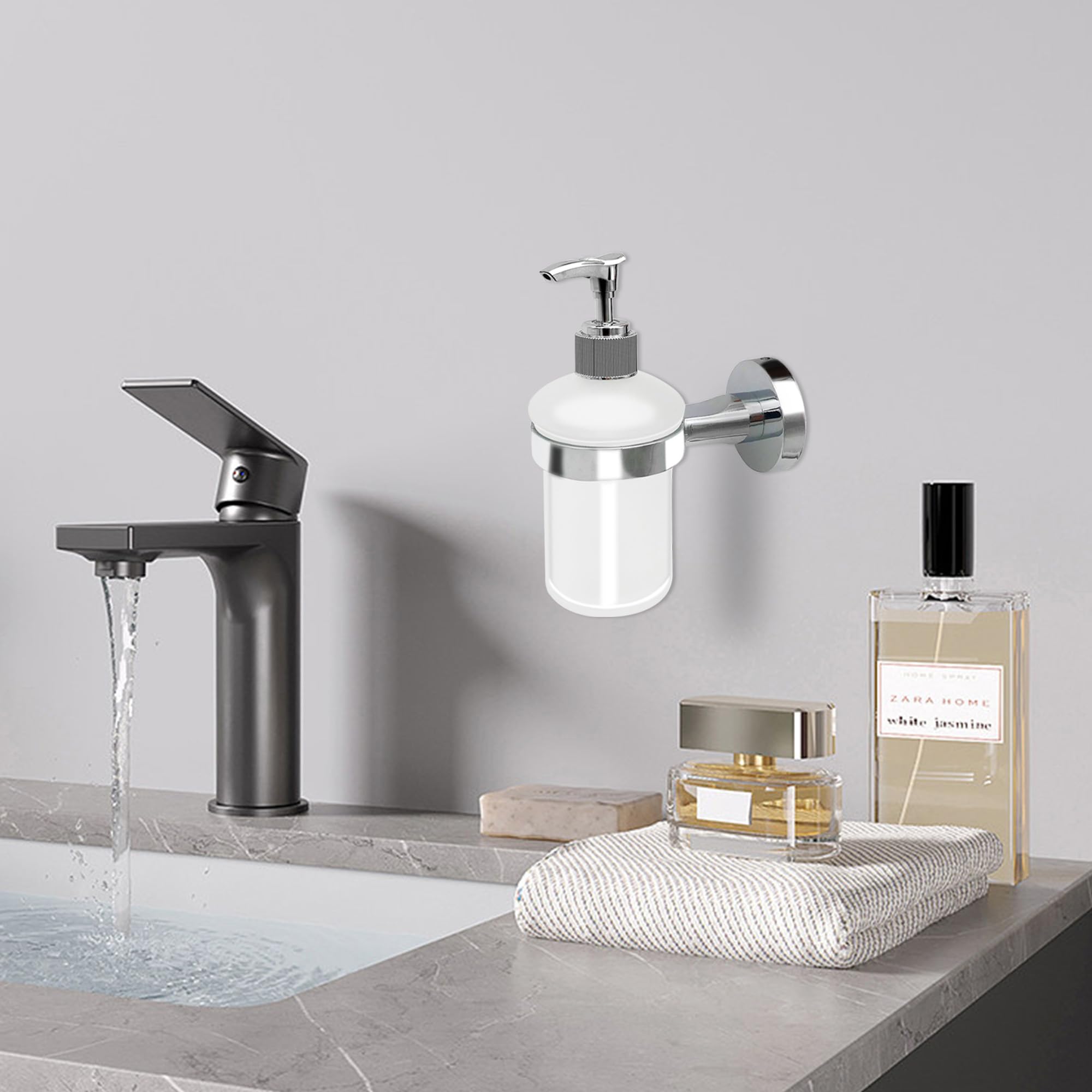Olum Bathroom Glass Soap Dispenser With Chrome Holder Wall Mounted