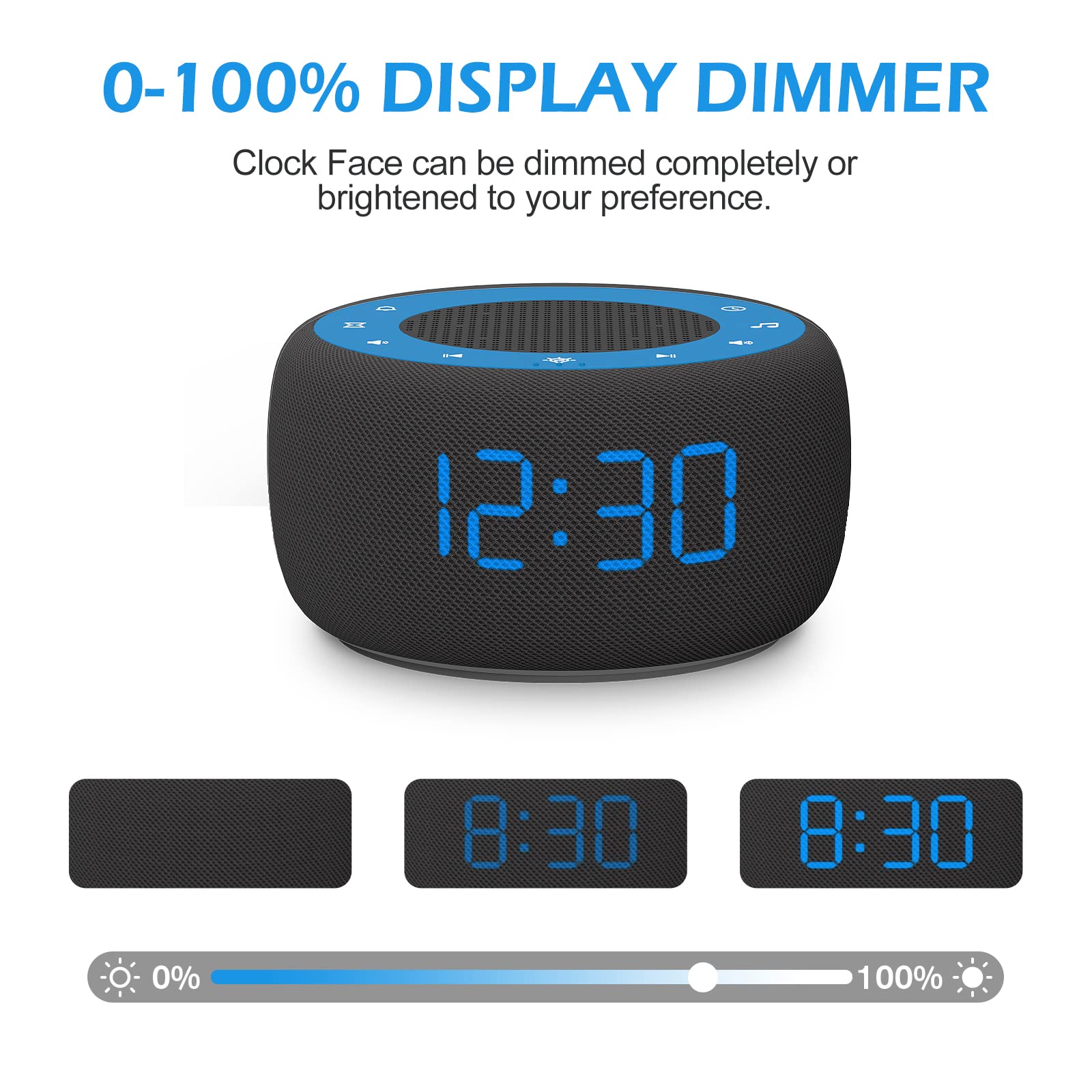 BUFFBEE 2-in-1 Sound Machine & Alarm Clock, 30-Level Volume Control, Sleep Timer, Black+Blue, Model BK11