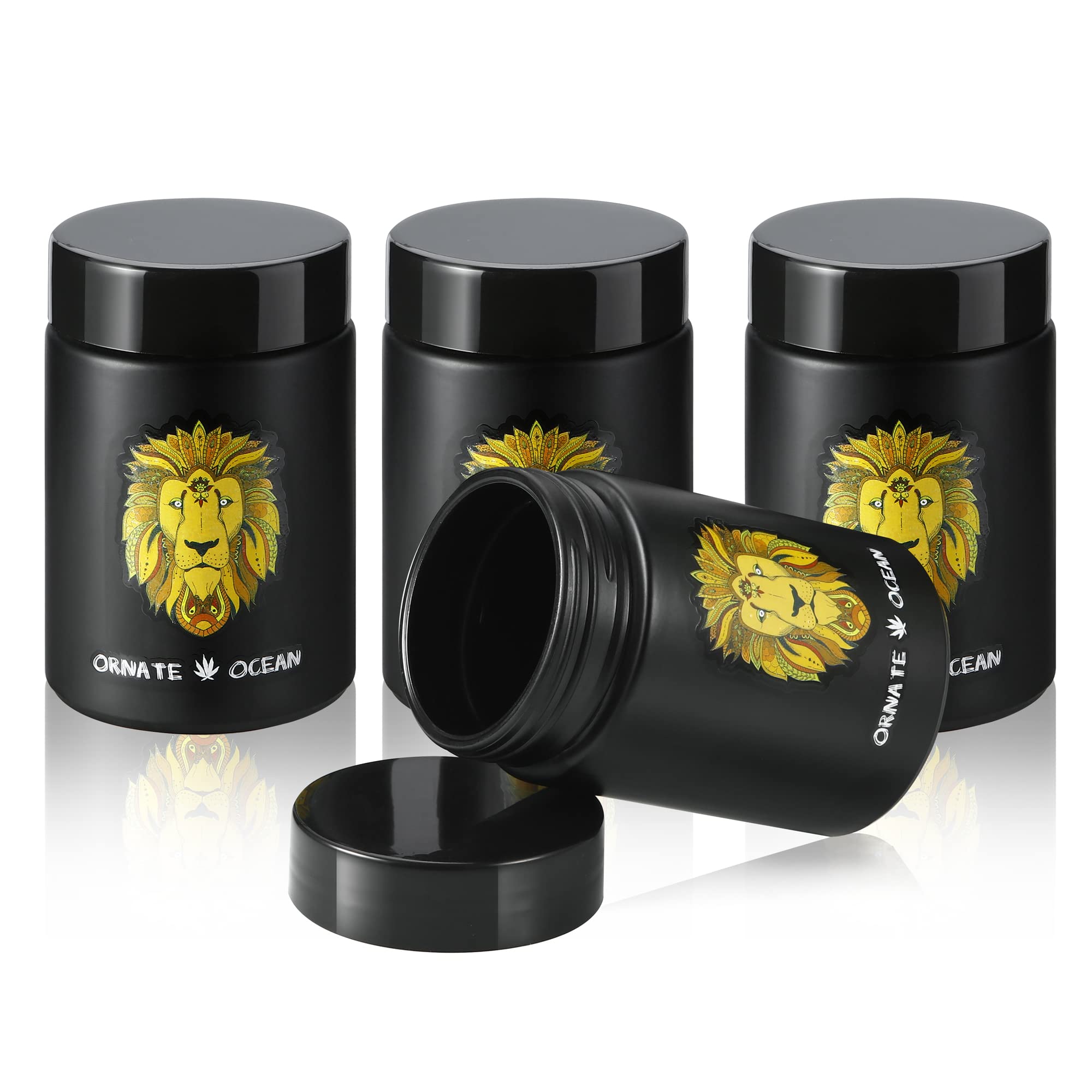 Ornate Ocean 4-Pack 250Ml Uv Glass Stash Jars Lion King - 4 Piece Set Multipurpose Storage Containers - Convenient Airtight Smel