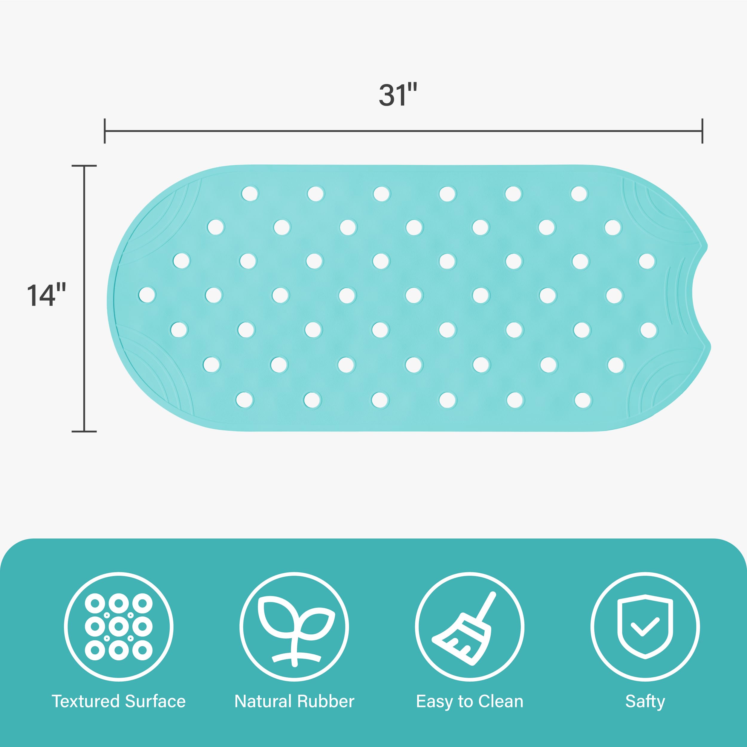 Selfsuite Rubber Bathtub Mat Shower Mat Non-Slip, 31X14 Inch, Bath Tub Floor Mat With Suction Cups And Drainage Holes, Turquoise