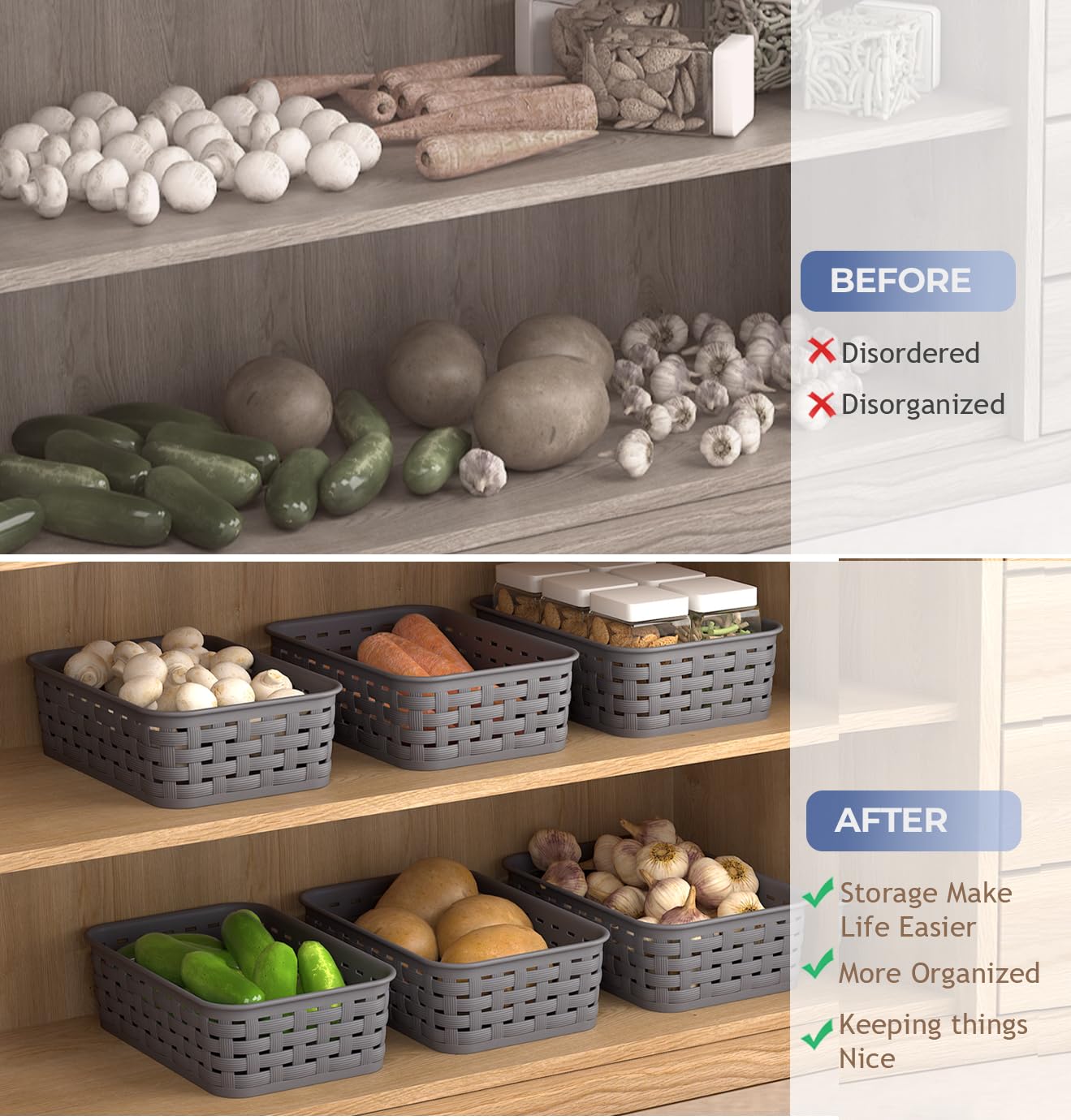 3 Pack Small Plastic Basket, Storage Bin Baskets For Organizing, Pantry Organizer Household Wicker Storage For Laundry Room, Bed