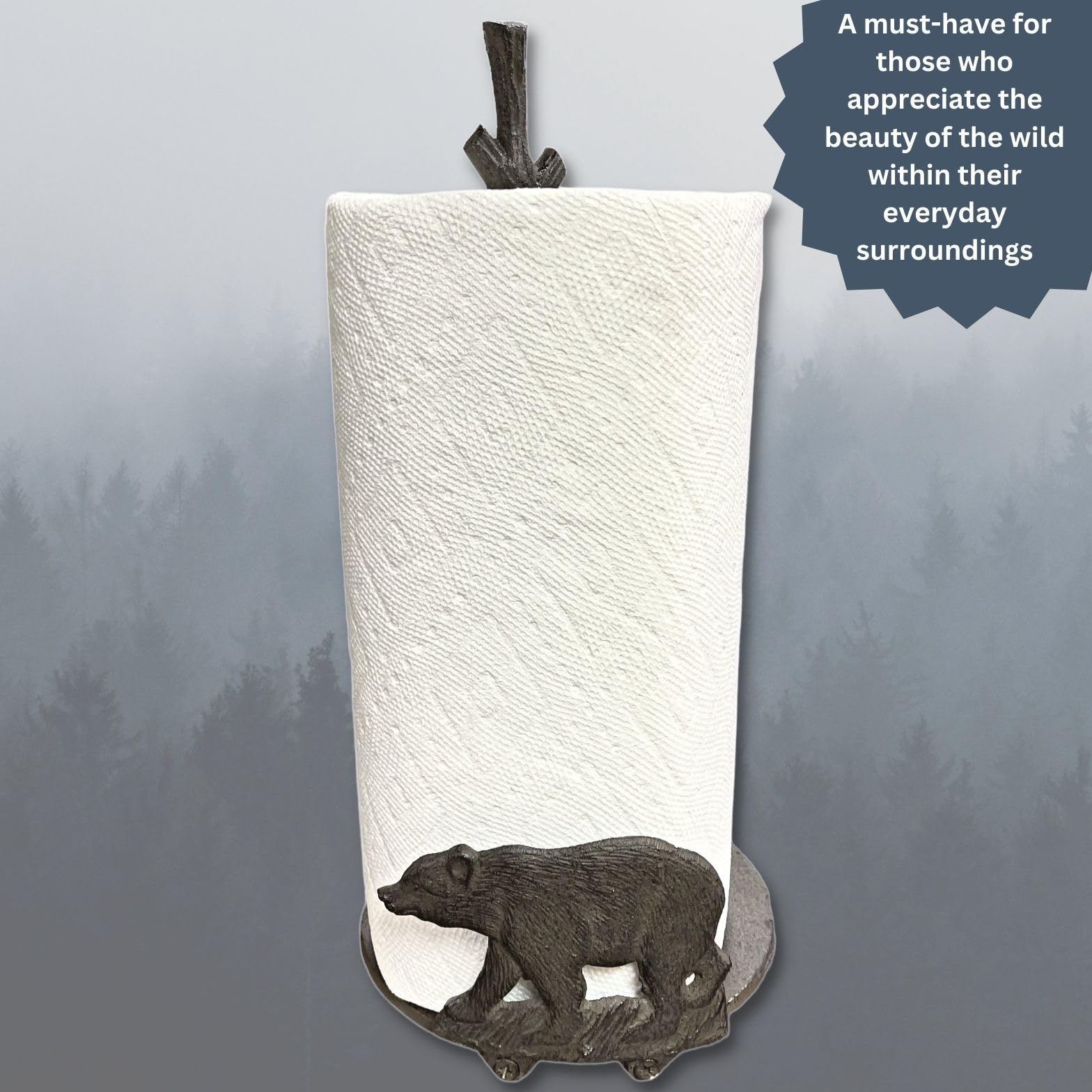 Paper Towel Holder With Standing Bear Design - Cast Iron Rustic Cabin Lodge Dining Kitchen D  Cor
