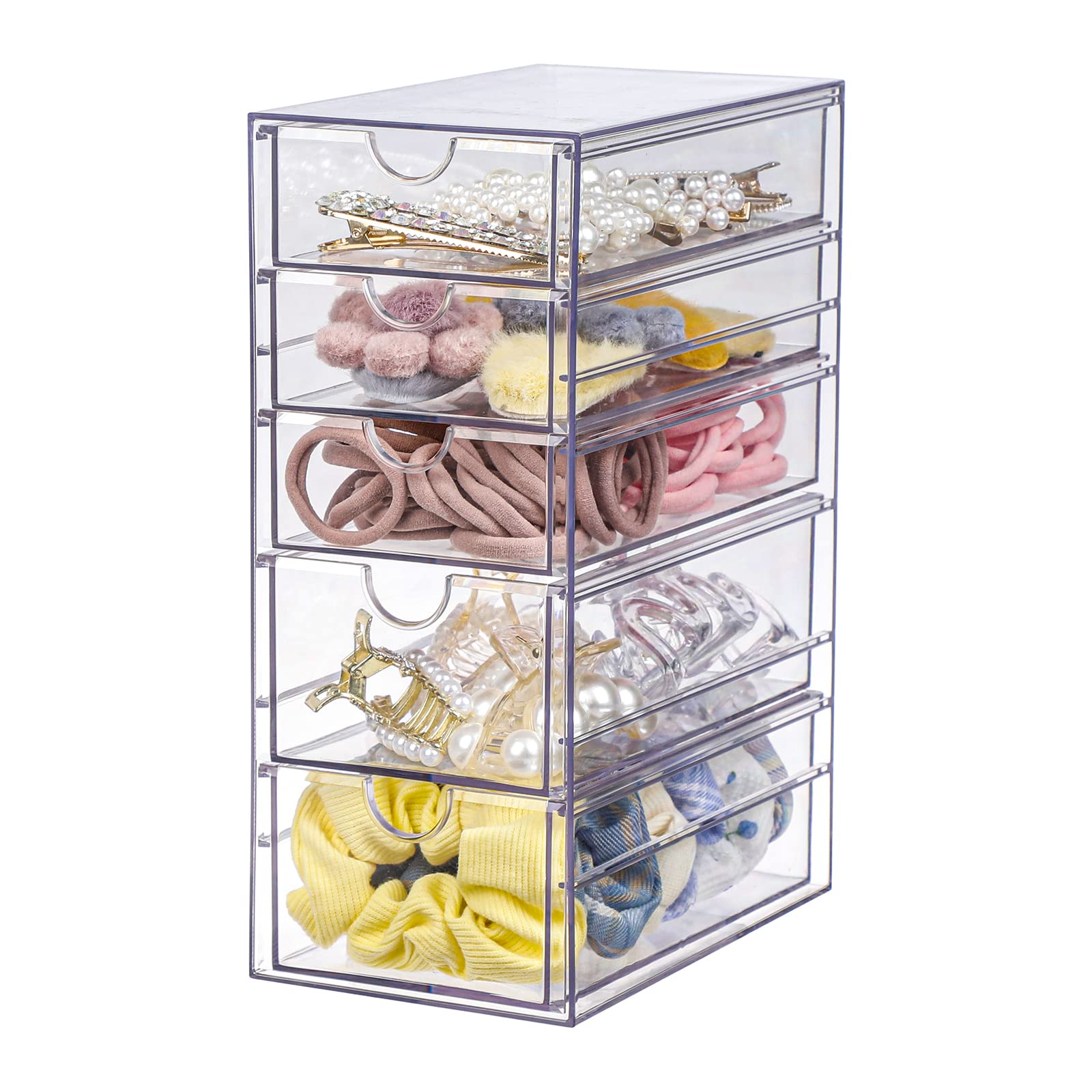 FABROK Clear Hair Accessory Organizer Box with 5 Drawers, Compact Storage Organization Drawers Set for Cosmetics, Glasses, Stati