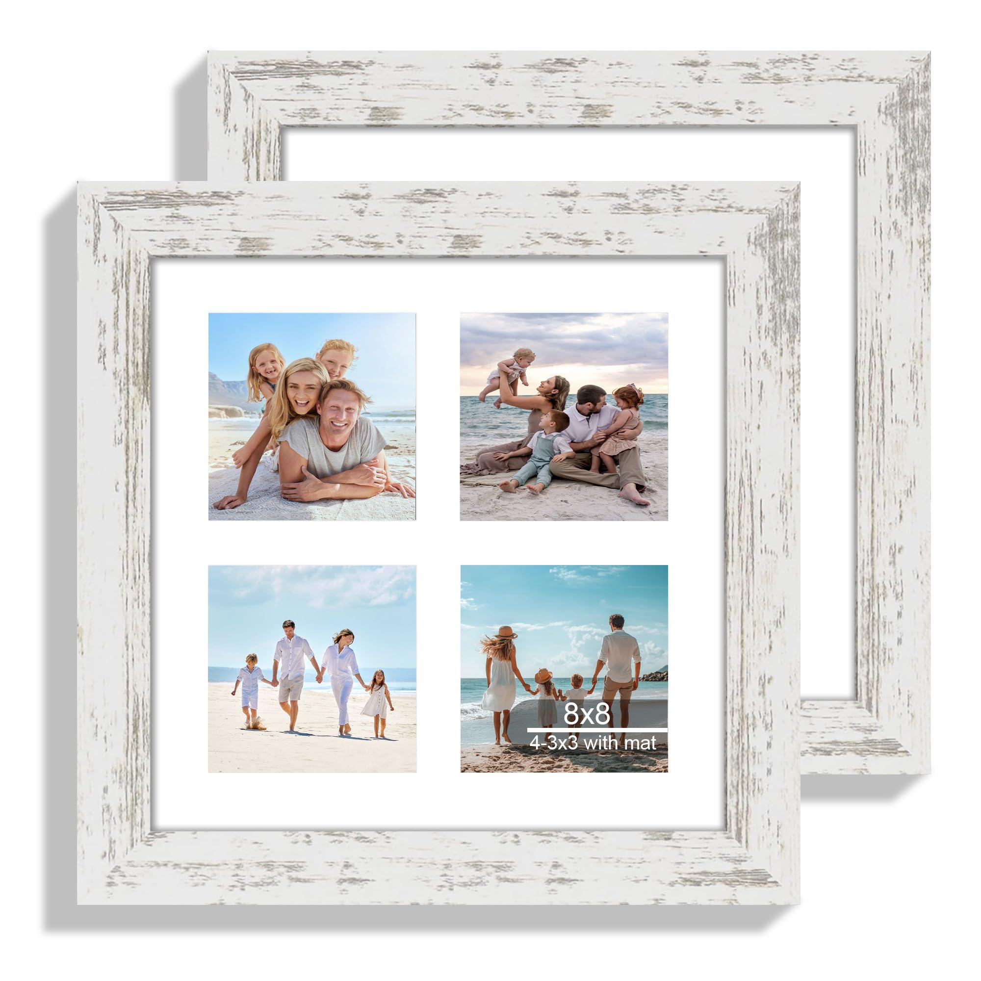 Hongkee 8x8 Picture Frame Set of 2, with Glass and Distressed White Wood Frames, Display Collage Four Opening 3x3 With Mat or 8 