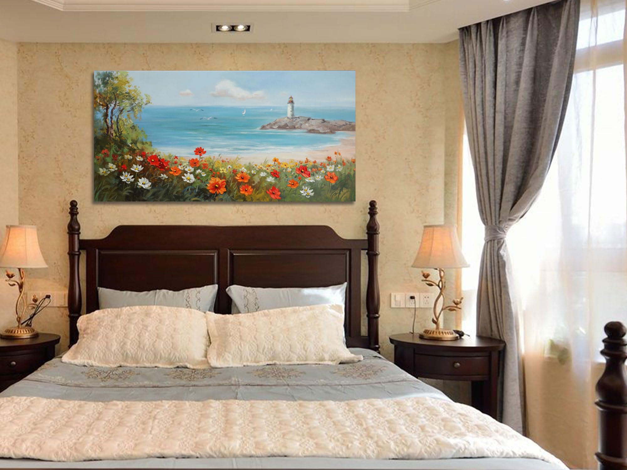 Ardemy Flowers Wall Art Canvas Blue Ocean Lighthouse Painting Seascape Landscape Coastal Picture, Textured Floral Artwork Extra