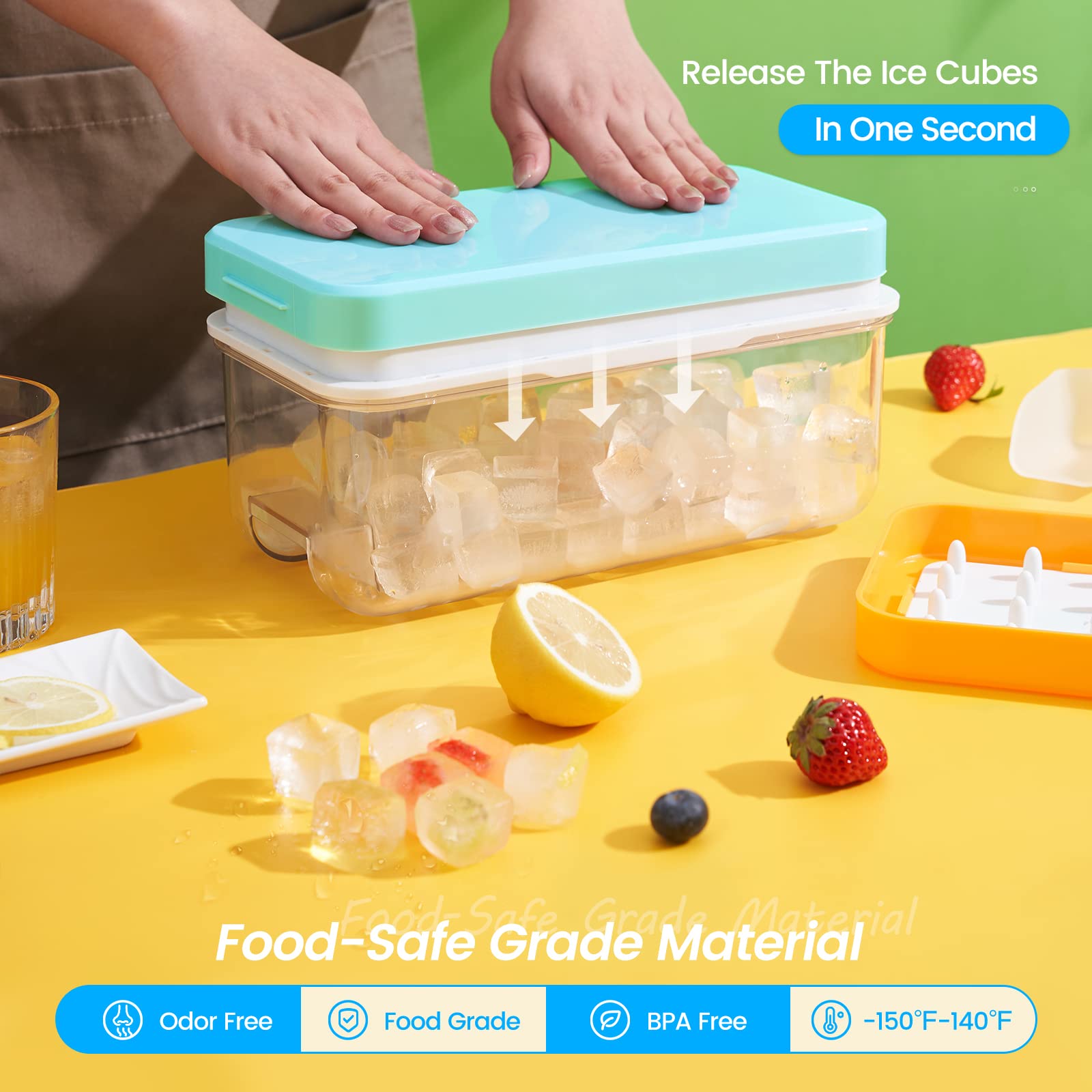PHINOX Ice Cube Tray with Lid, 64 pcs Molds, 2-Tier Blue Polypropylene, Model CTCJ001, Spill-Resistant with Ice Scoop