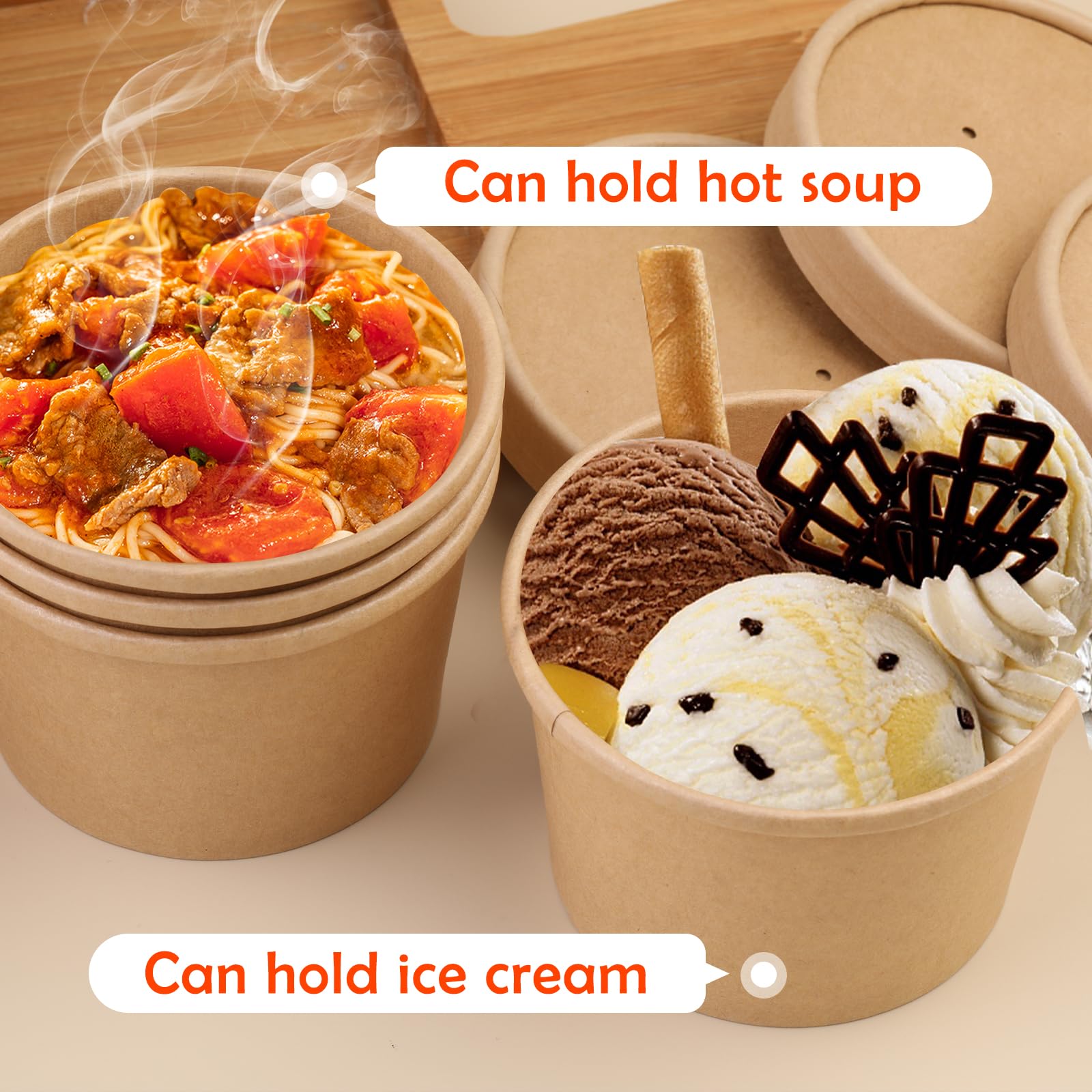 Wuadua 8OZ 75 Pack Paper Soup Containers with lids  Disposable Kraft Food Cups  Soup Cups Paper Ice Cream Cups  Dessert Cups Yogurt Ice Cream Containers.Great For Restaurants  Take Outs  To-Go Lunch