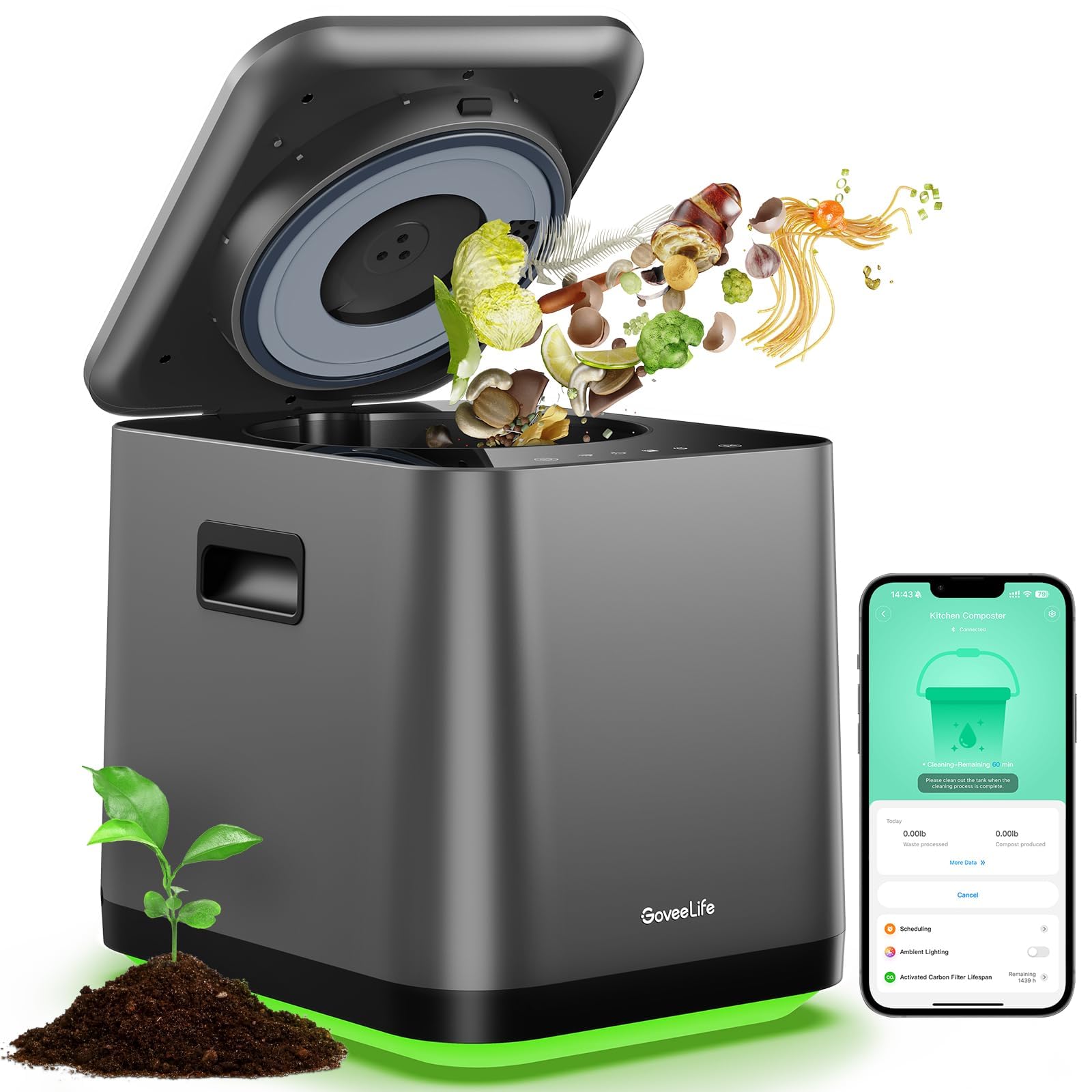 Goveelife Smart Electric Composter For Kitchen, 3L Compost Bin Indoor Odorless With App & Voice Control, Auto-Cleaning, 3 Modes,
