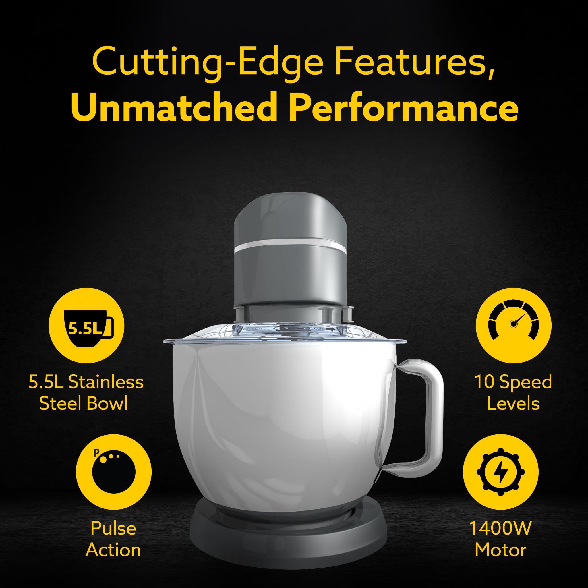 AGARO Elegant Stand Mixer, 1400W with 5.5L SS Bowl, 10 Speed Settings, Pulse Function, 100% Copper Motor, Includes Whisker, Beat