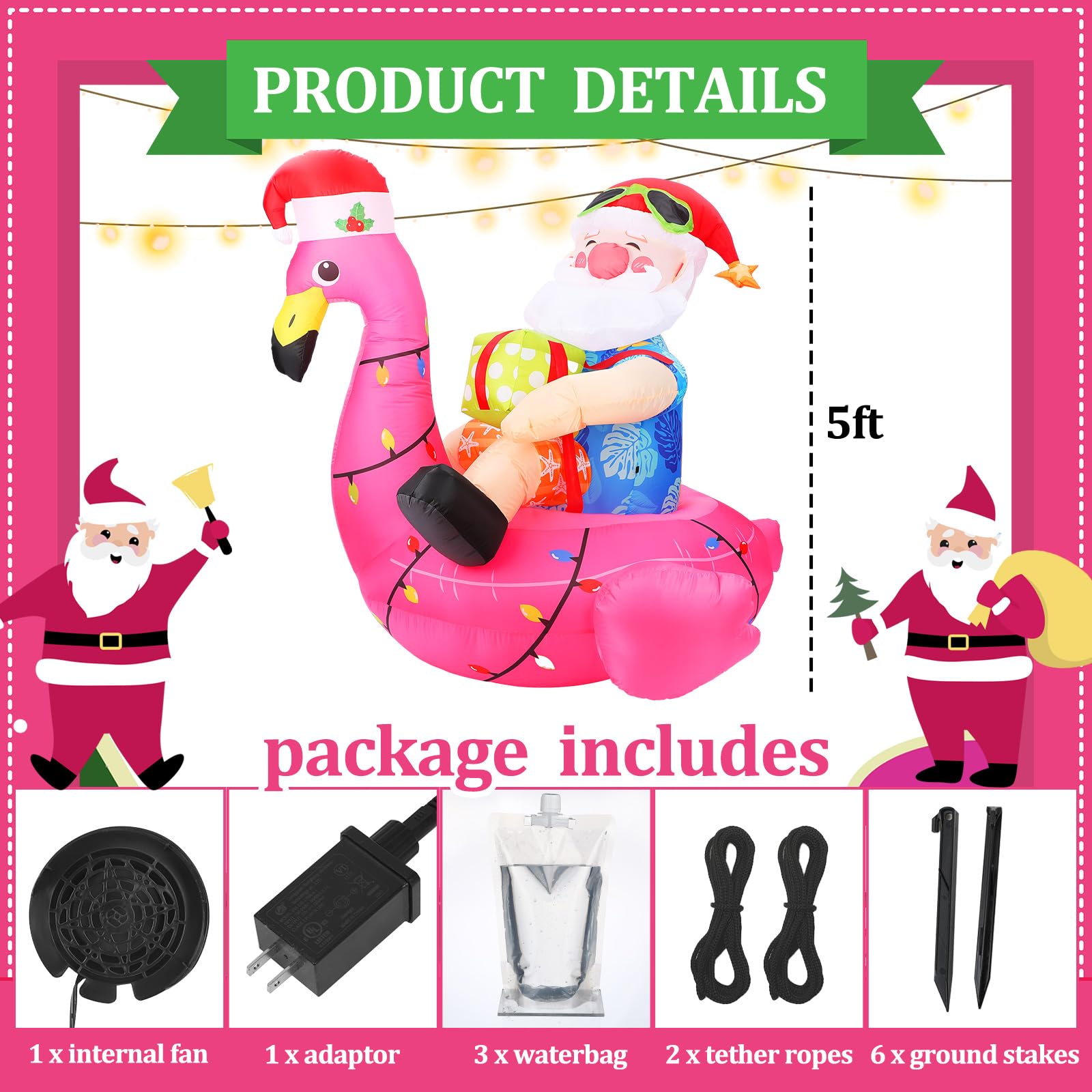 Christmas Inflatable Outdoor Yard Decoration 5ft Hawaiian Santa Claus on Flamingo Inflatable Decoration with LED Light Christmas