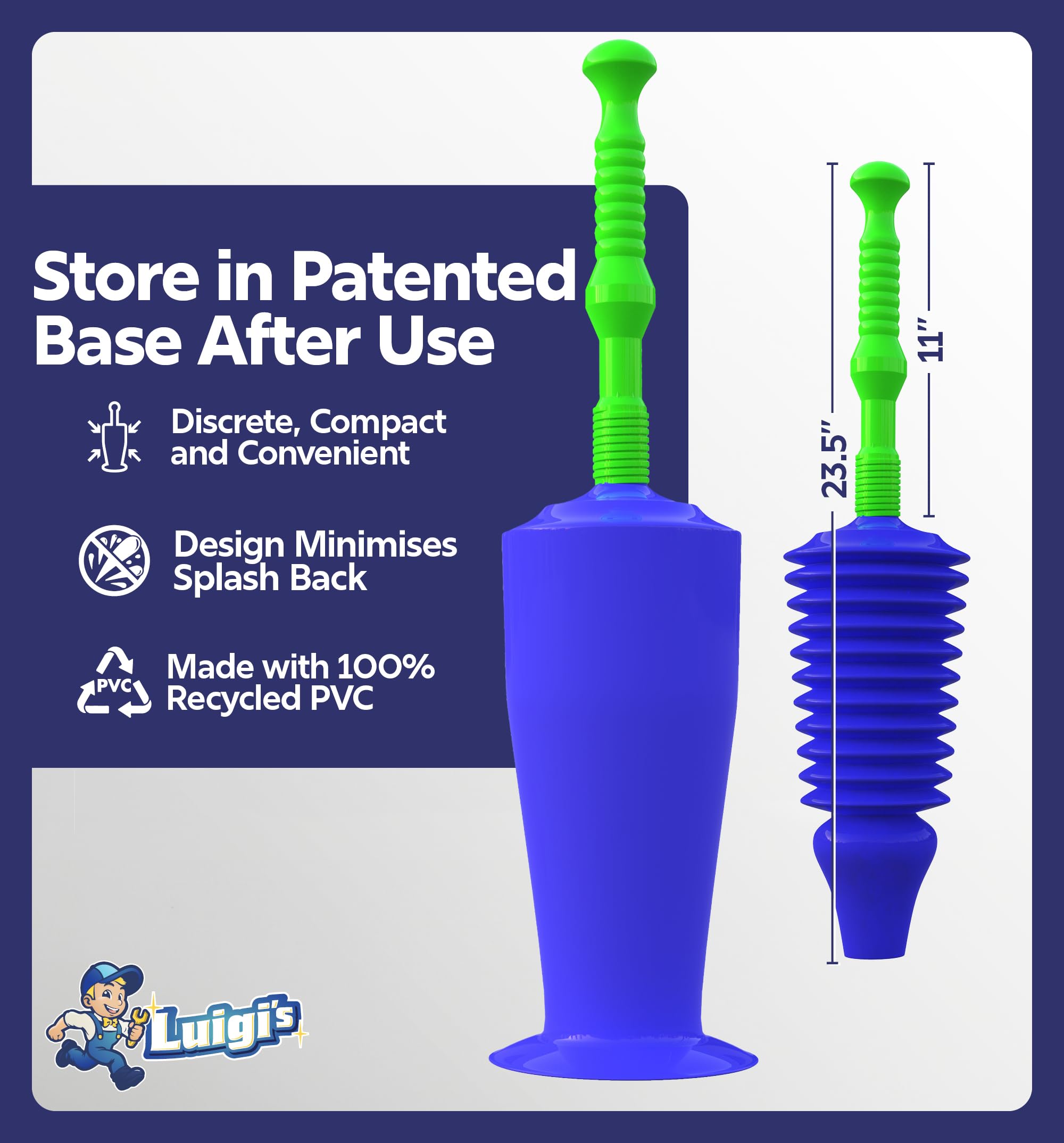 Luigis - The Worlds Best Toilet Plunger  The Big  Blue & green Unblocking Machine  Heavy Duty Unblocker with Unique Bellows Design  clears & Unblocks All Toilets