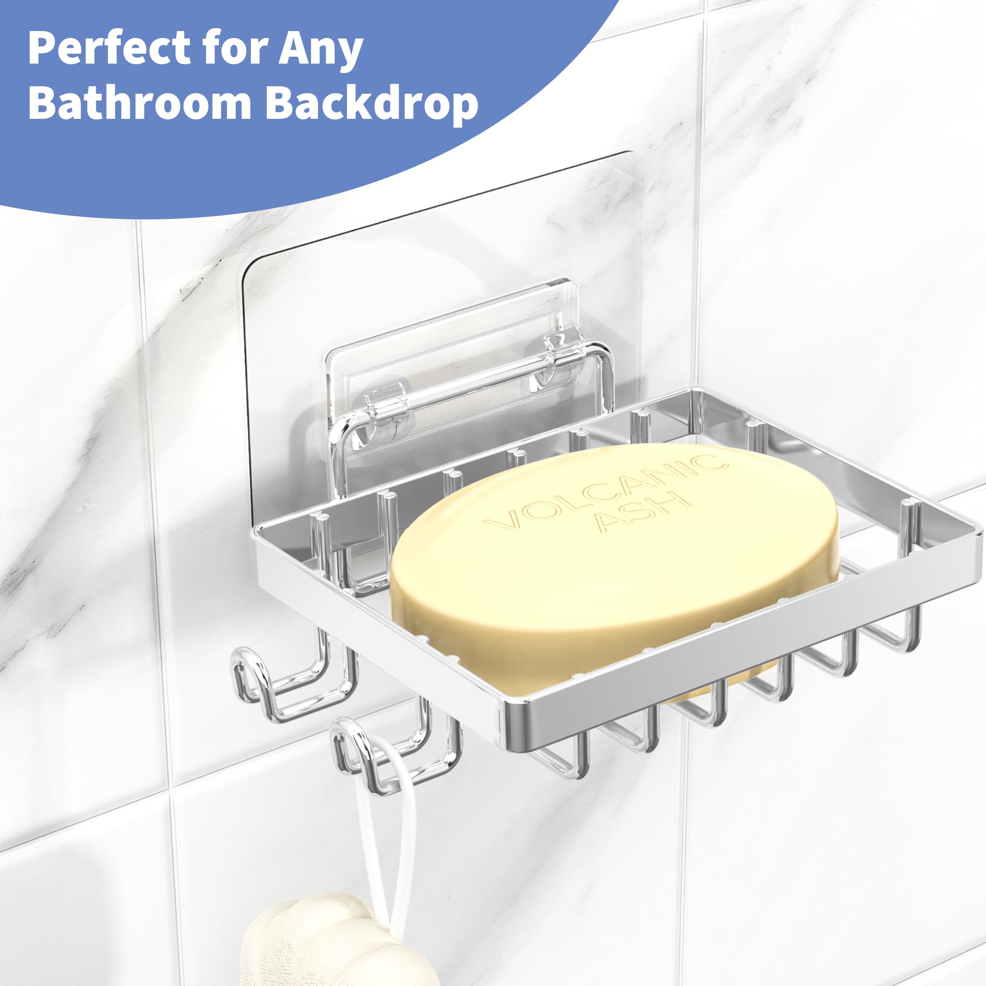 Moforoco Silver Soap Dish, Soap Bar Holder For Shower, No Drilling Bathroom Accessories, Wall Mounted Soap Holder With Hooks And
