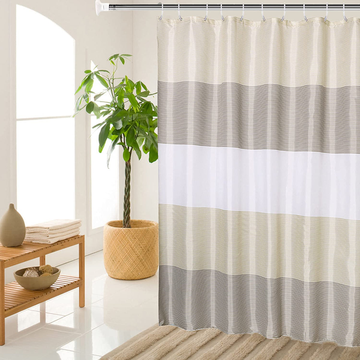 Mornite Extra Wide Fabric Shower Curtain Tan Gold For Bathroom, Wrap Around White Neutral Stripe Water Repellent Cloth With 18 H
