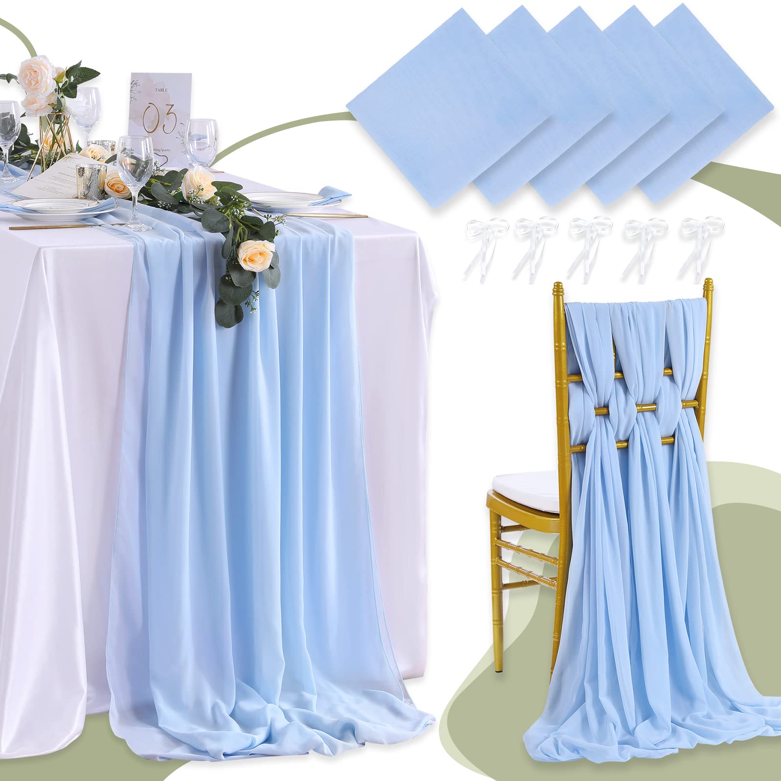 5 Pieces 10Ft Wedding Table Runner Blue Chiffon Table Runners Sheer Wedding Arch Overlay Fabric For Birthday Bridal Party Decora