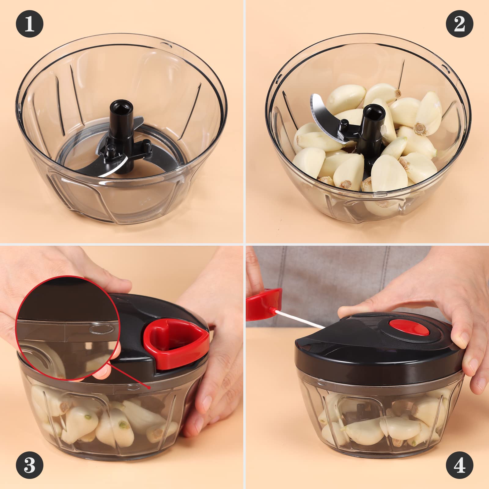 Cambom Chopper Manual Food Chopper  Hand Pull String Vegetable Chopper  Durable BPA Free Food Safe Material (BLACK)