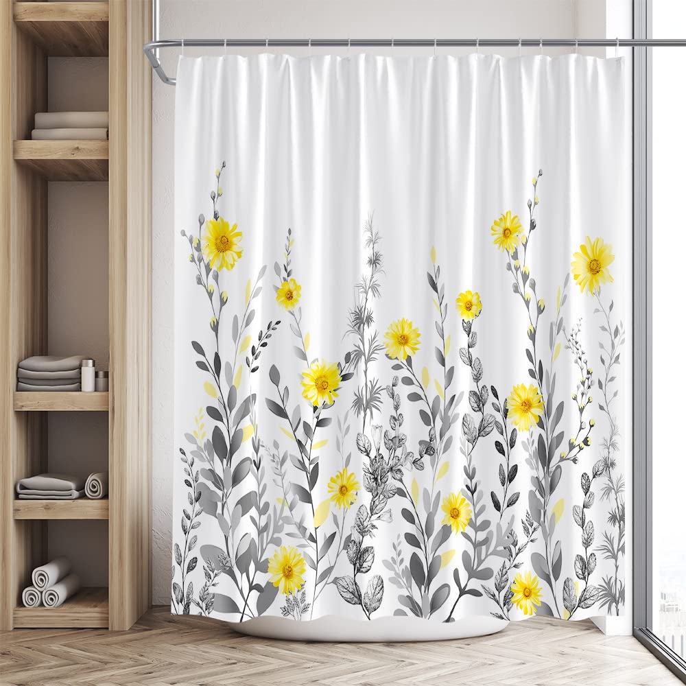 Qwrsmyx Floral Yellow Grey Shower Curtain Daisy Country Flowers Plant Leaf White Background Decor Fabric Bathroom Set With Hook