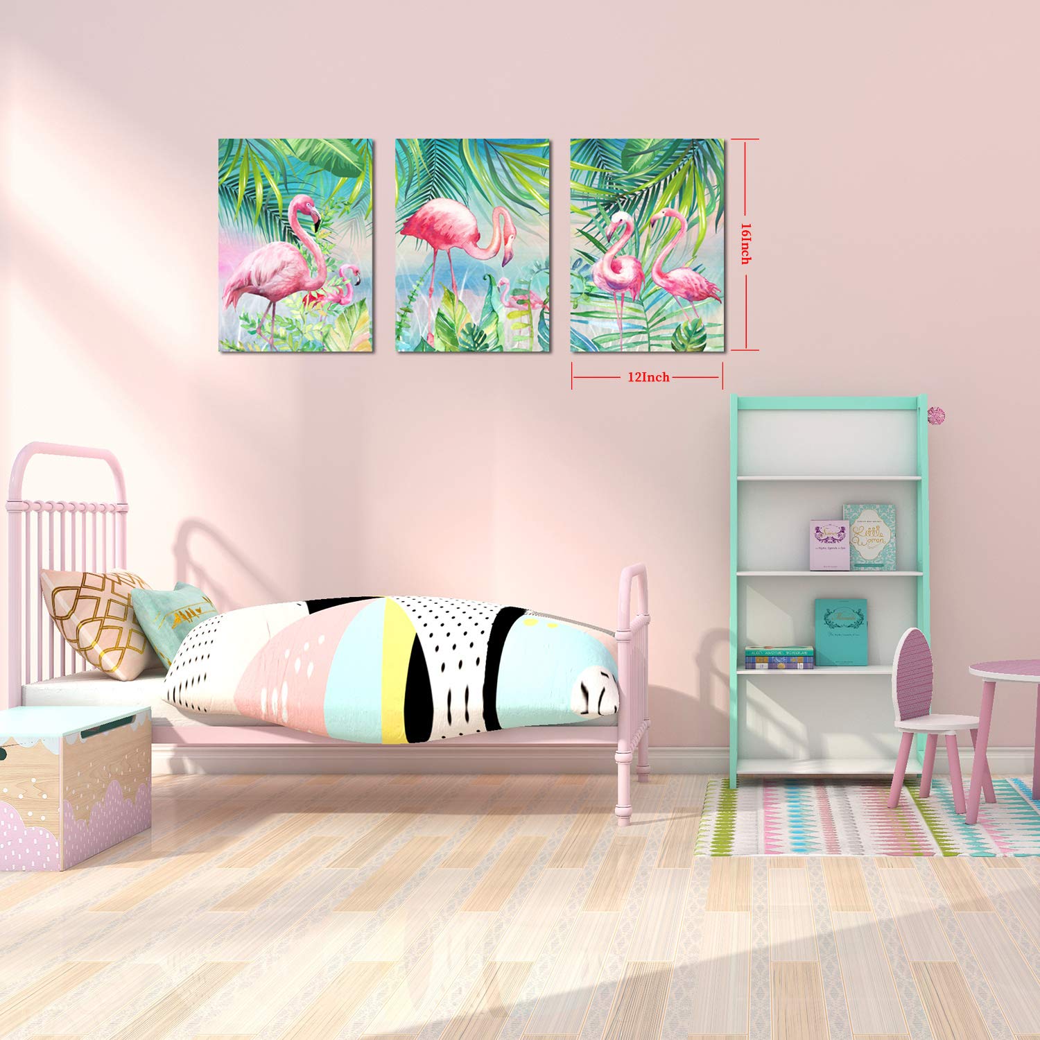 Yuanand Flamingo Wall Decor Animal Pictures - Palm Green Tropical Plant For Kids Girls Room Decor - Framed Posters Paintings Bed