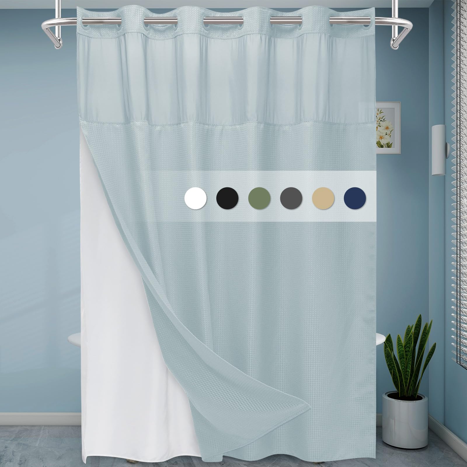Eutxl Fog Blue Long No Hook Shower Curtain With Snap In Liner,230Gsm Waffle Weave Shower Curtains For Bathroom,71W X 86H