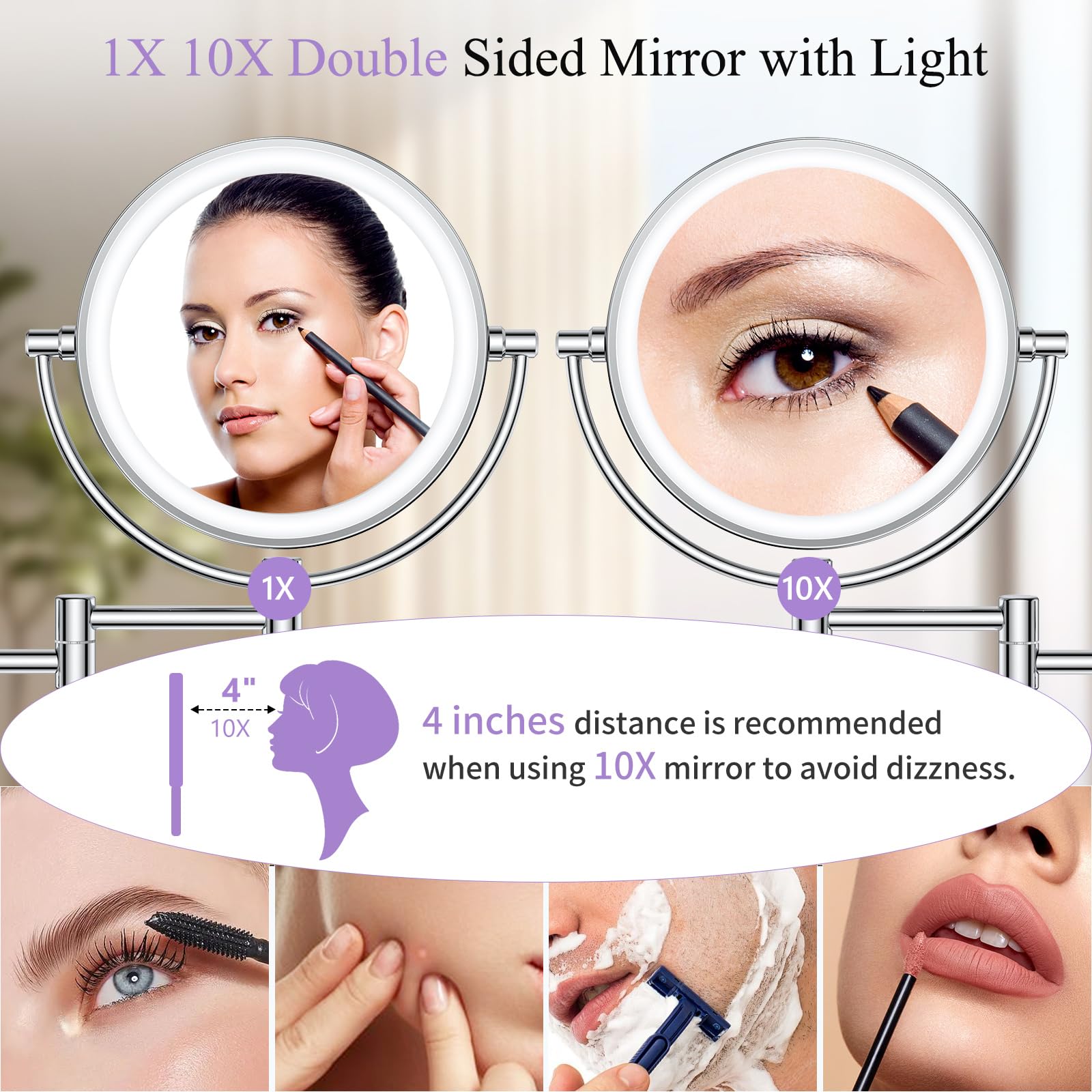 Wall Mounted Makeup Mirror With Lights, Magnifying Mirror 10X/1X Double-Sided, Plug-In Vanity Mirror With 3 Color Lights & Brigh