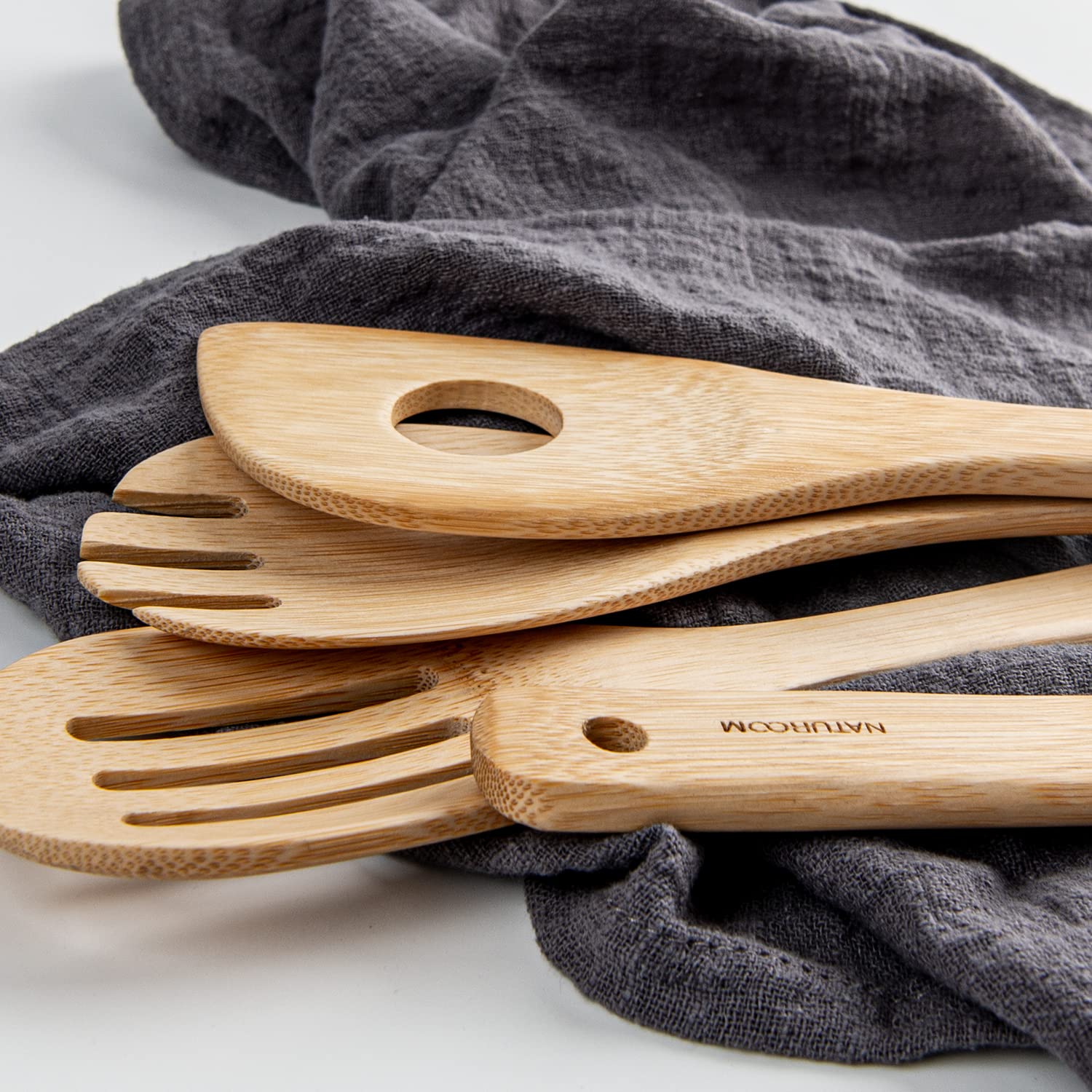 Naturoom Kitchen Utensils Set Of 8 Pcs, 12Inches Bamboo Wooden Cooking Spoon & Spatula Tools Perfect For Non-Stick Cookware (Bam