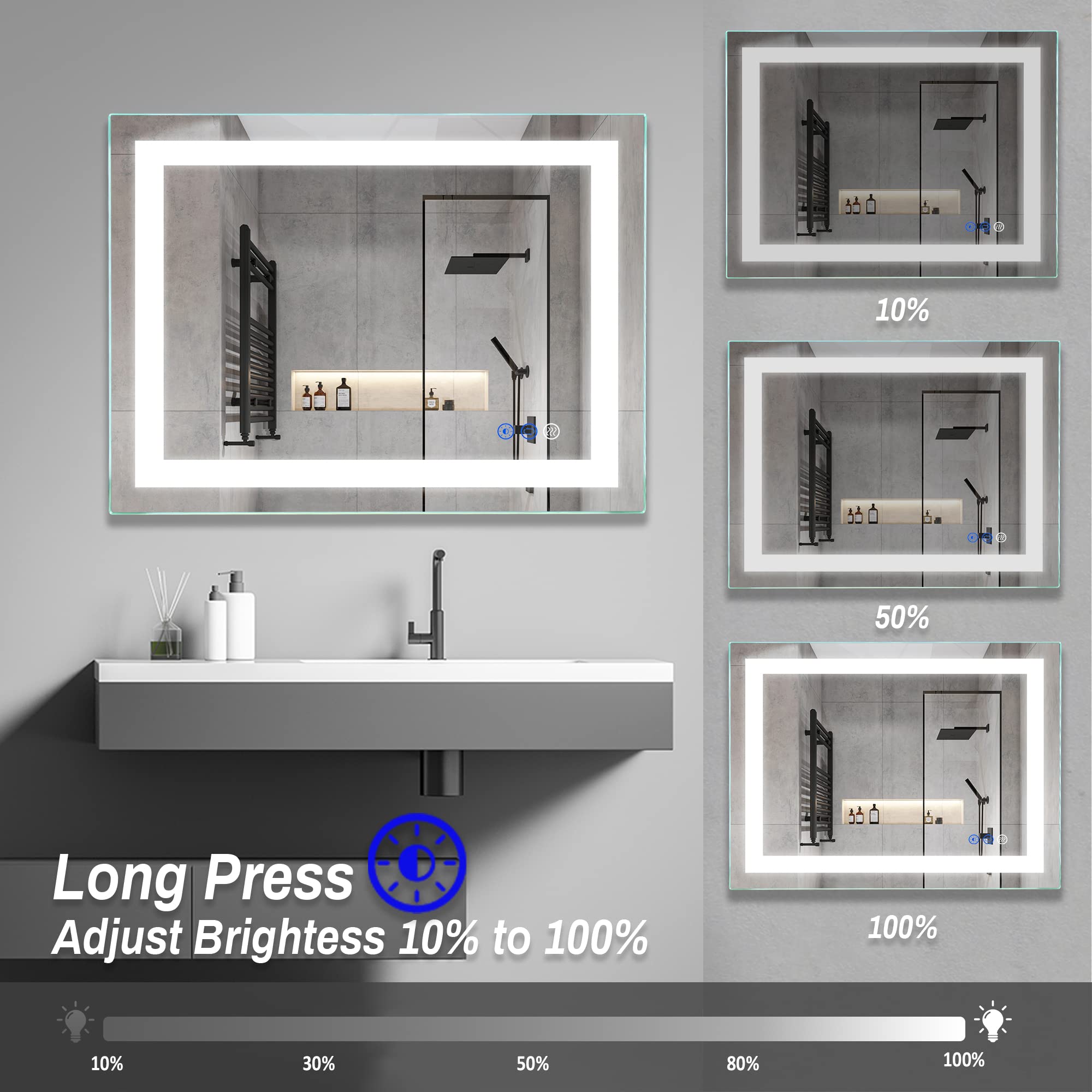 FITLAND 32''x 24'' LED Bathroom Mirror Vanity Mirror  Anti-Fog  Dimmable  Color Temperature Adjustable 3000-6000K  Switch-held Memory Led Wall Mirror Suitable for Bathroom  Vanity (Vertical/Horizontal)