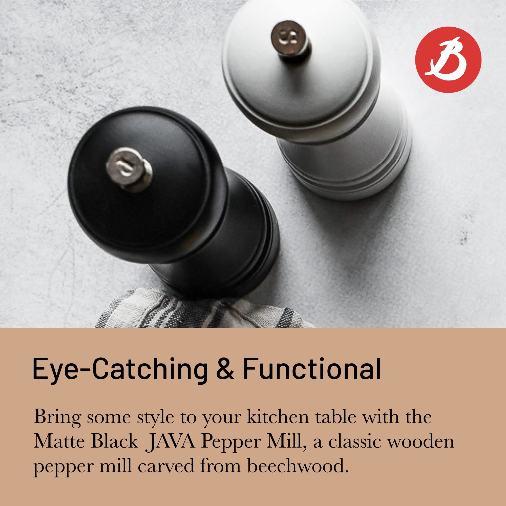 De Buyer Java Pepper Mill, Matte Black - 10    - Stainless Steel & Beechwood - Includes Knob To Adjust Grind Size - Corrosion Re