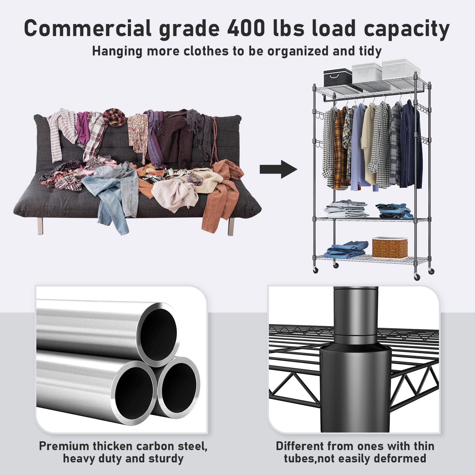 Heavy Duty Clothes Rack  Adjustable Rolling Garment Rack with Shelves  Freestanding Wardrobe Rack 1 Clothes Hanging Bar  3 tired Wire Shelving  4 Hanger Hooks - Hold Up to 400Lbs (Black  1Rod 4Hook)